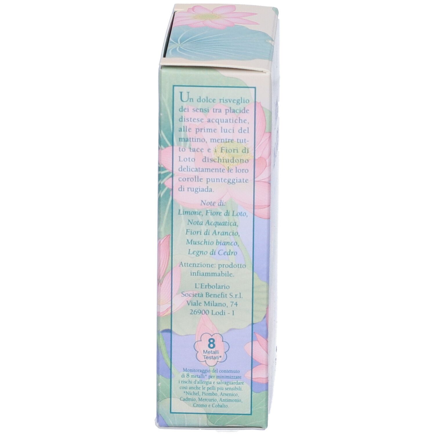 Verpackung mit Lotusblumen-Design, enthält italienischen Text über Duftnoten und Inhaltsstoffe.