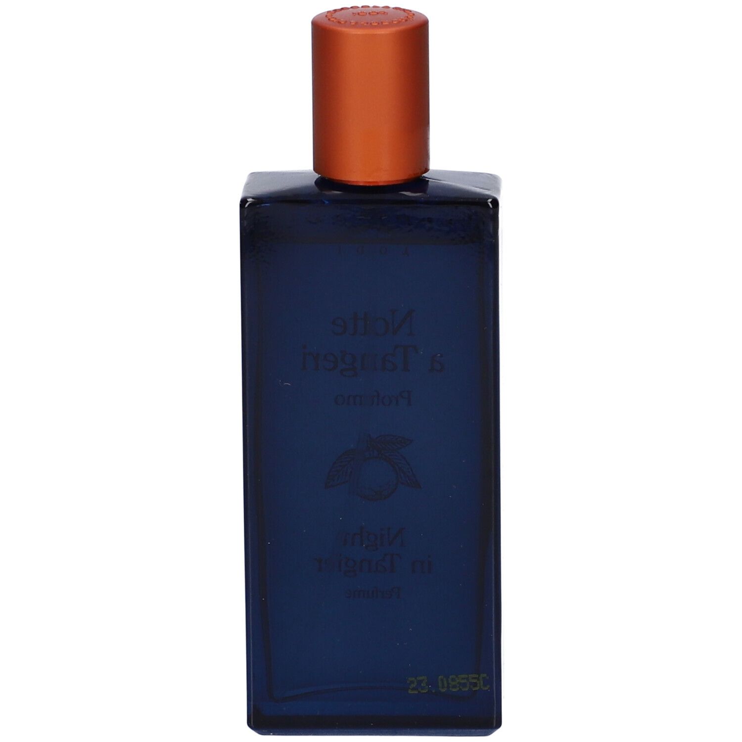 Dunkelblaue Glasflasche mit orangefarbenem Verschluss. Text auf der Flasche: "Nuit d'Issey"