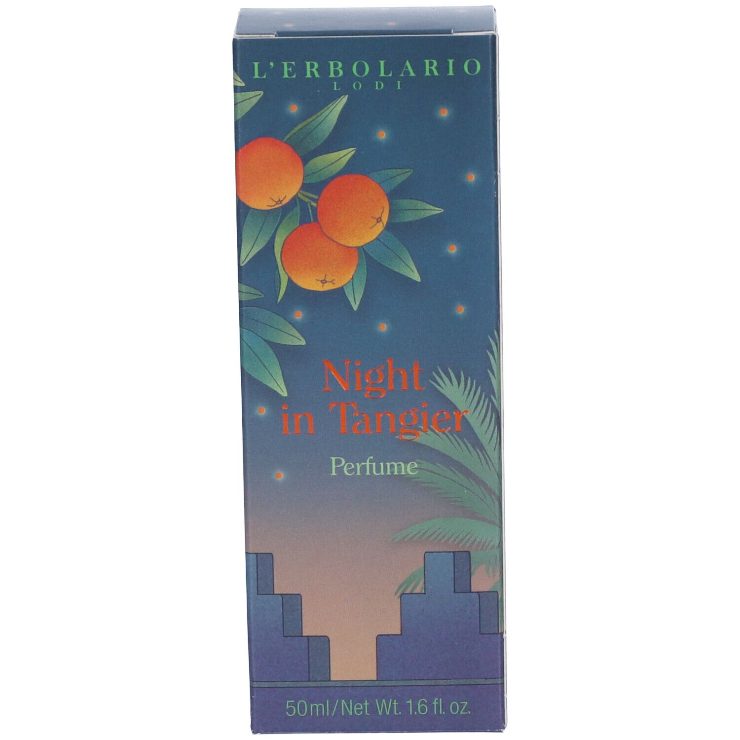 L'Erbolario Night in Tangier Parfum-Verpackung mit Orangenmotiv und Stadtbild.