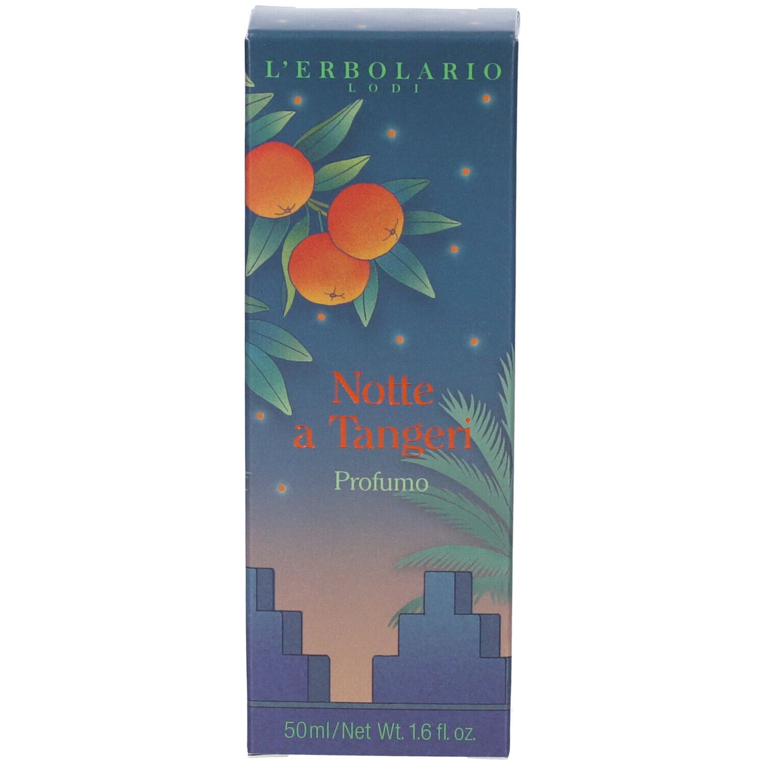 Verpackung für L'Erbolario Notte a Tangeri Profumo, 50ml. Zeigt Orangen, Blätter und eine nächtliche Landschaft.