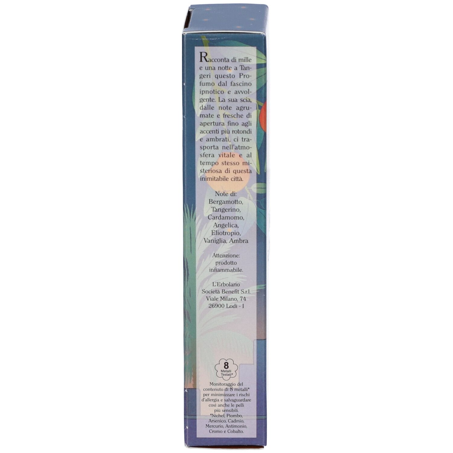 Verpackung mit italienischem Text und floralem Design.