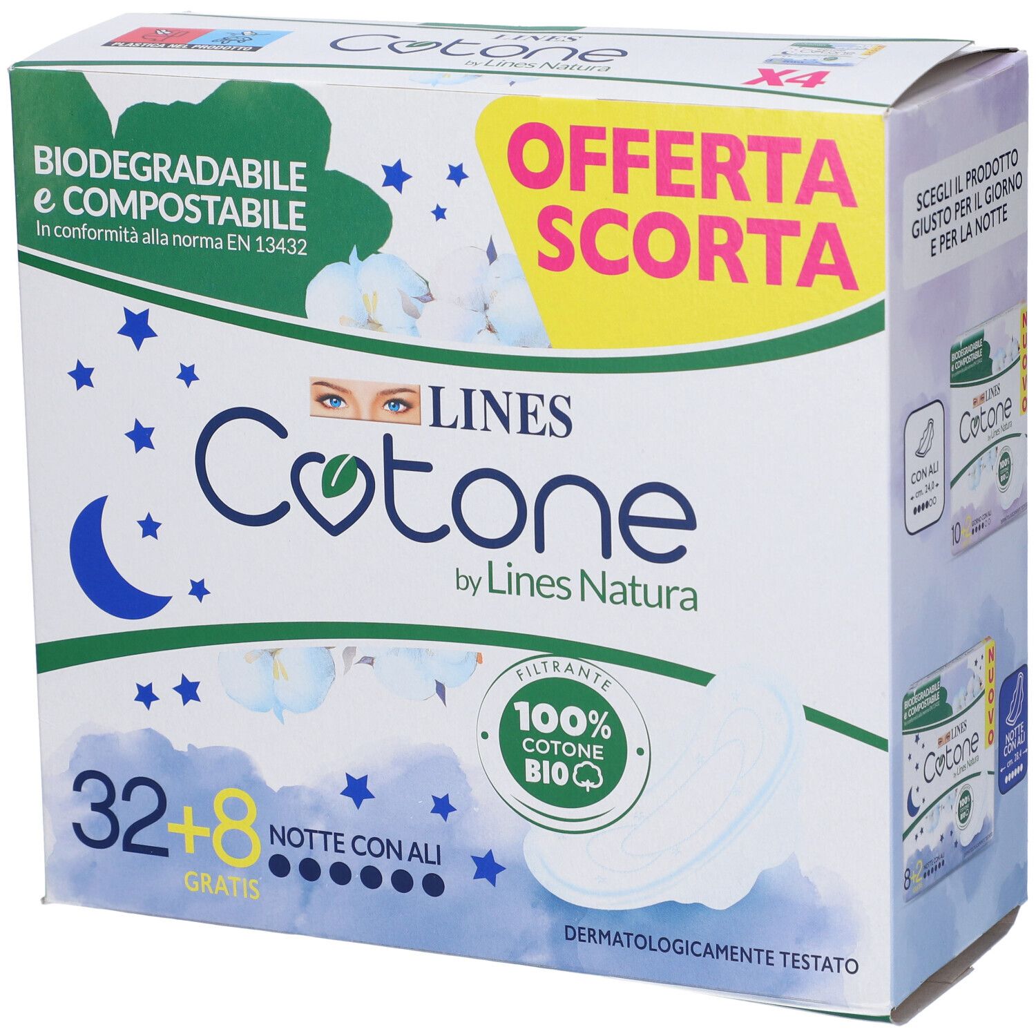Confezione LINES Cotone Notte con Ali. Contiene 32+8 pezzi. Certificazioni e indicazione di biodegradabilità e compostabilità.