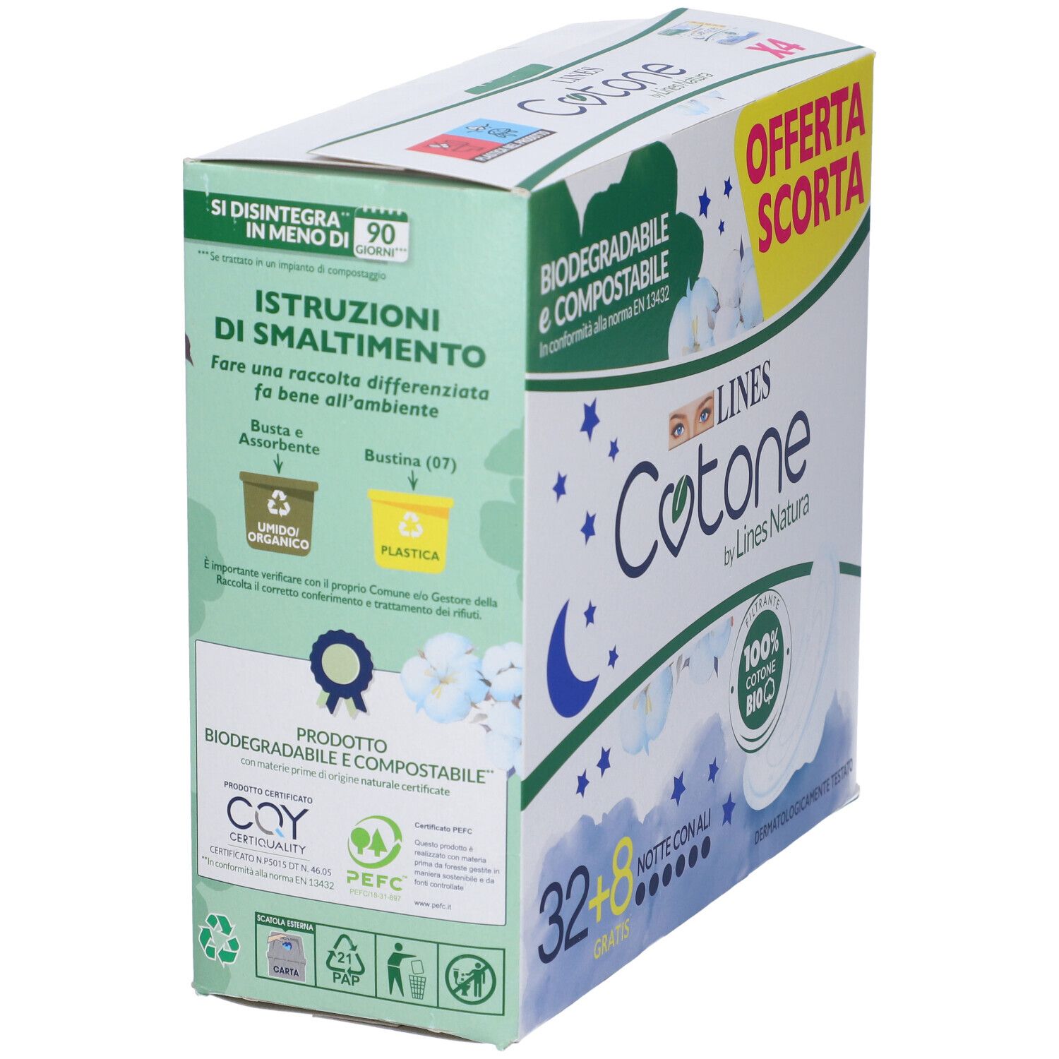 Retro confezione LINES Cotone. Istruzioni smaltimento. Prodotto biodegradabile e compostabile.