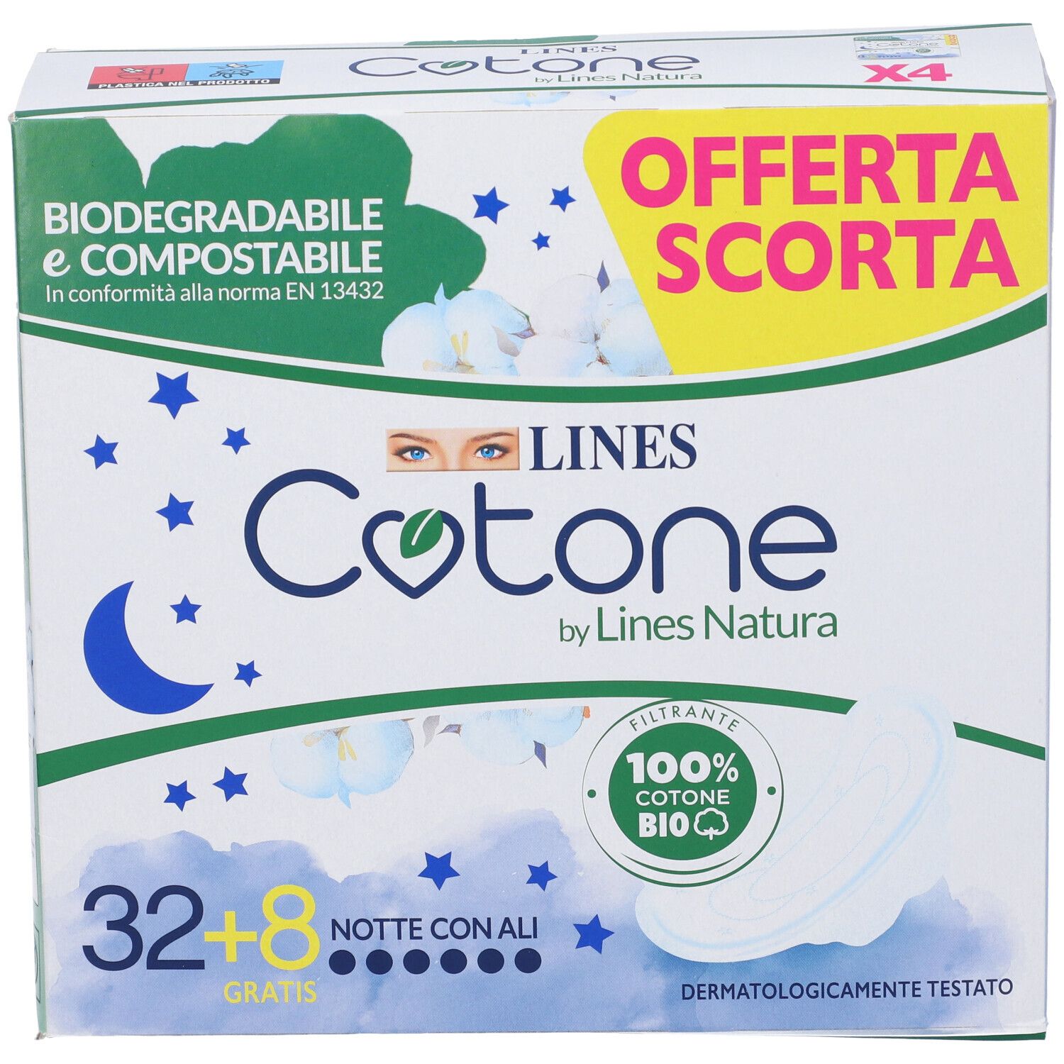 Confezione LINES Cotone Notte con Ali. Contiene 32+8 pezzi. Certificazioni e indicazione di biodegradabilità e compostabilità.