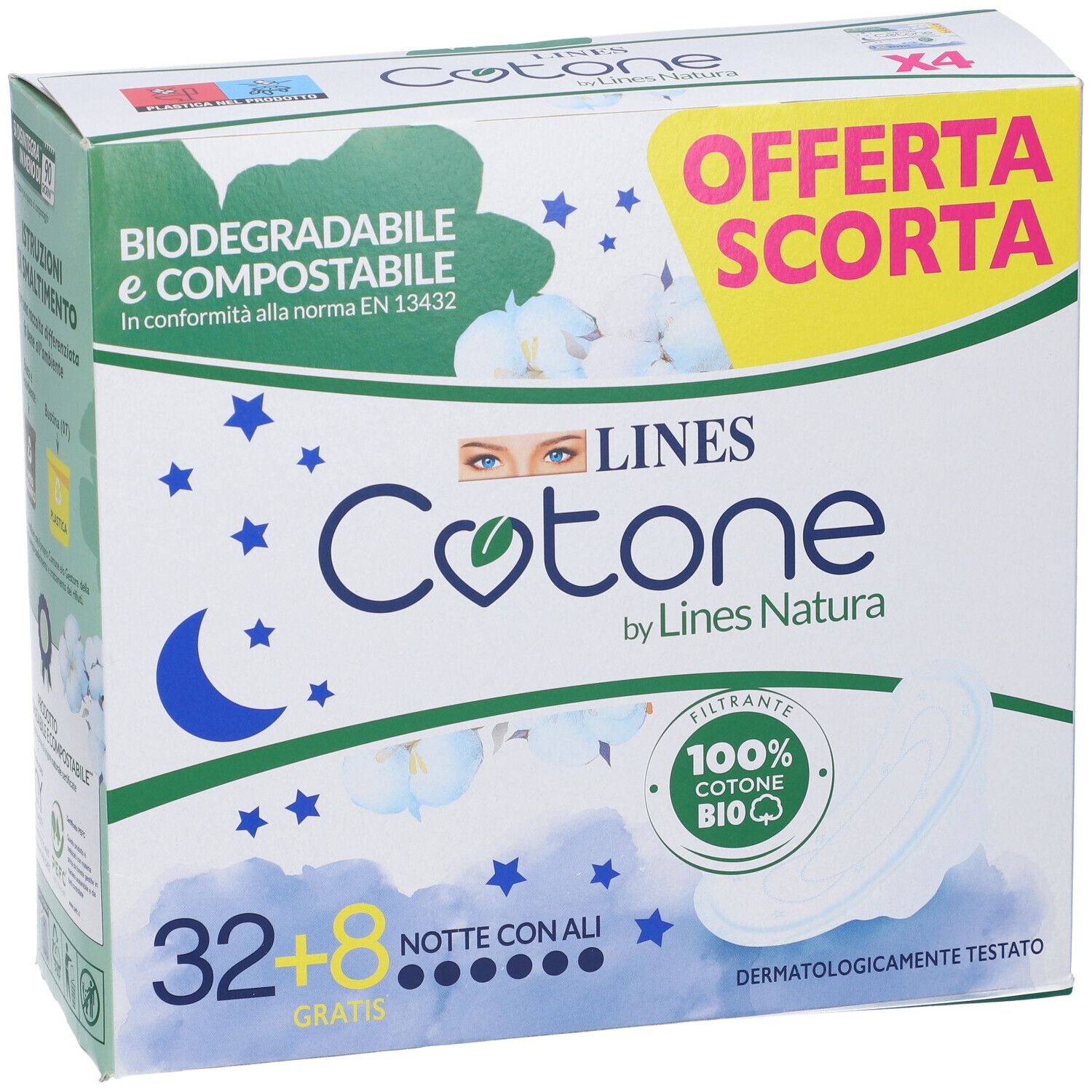 Confezione LINES Cotone Notte con Ali. Contiene 32+8 pezzi. Certificazioni e indicazione di biodegradabilità e compostabilità.