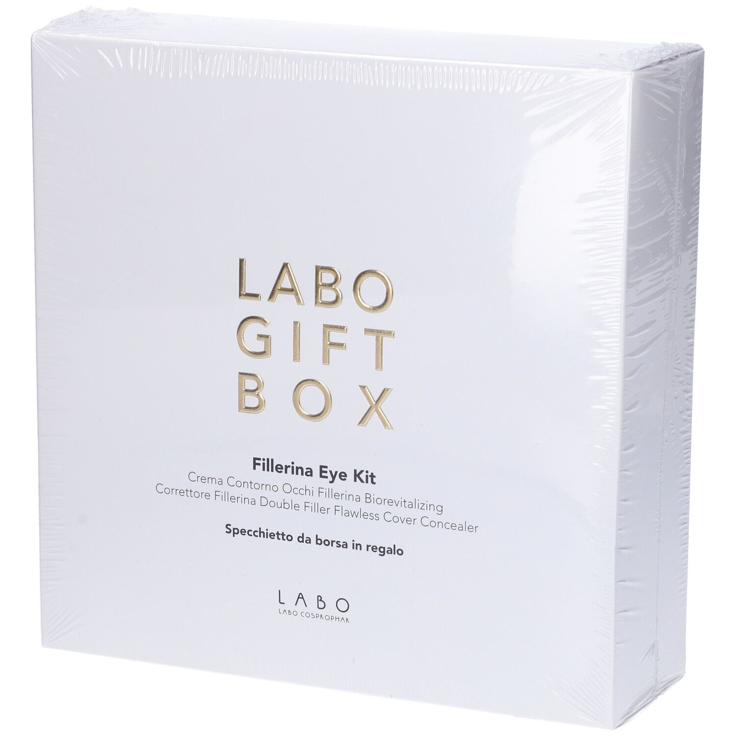 Scatola bianca "LABO GIFT BOX". Contiene "Fillerina Eye Kit" e "Specchietto da borsa in regalo". Imballaggio trasparente.