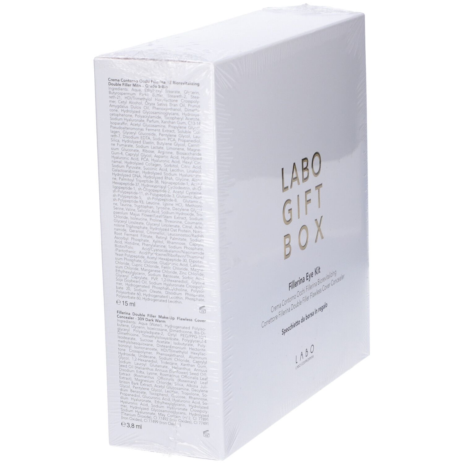Scatola bianca inclinata "LABO GIFT BOX". Contiene "Fillerina Eye Kit". Testo in italiano.