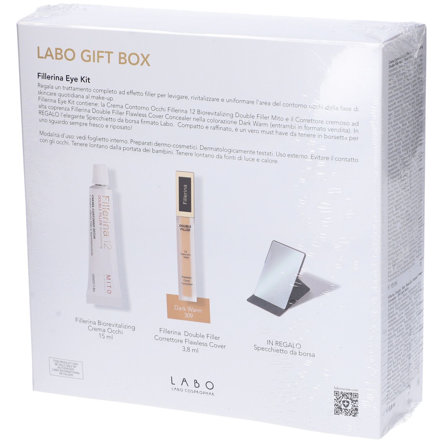 Retro "LABO GIFT BOX". Contiene prodotti "Fillerina Eye Kit" e specchietto. Testo in italiano.