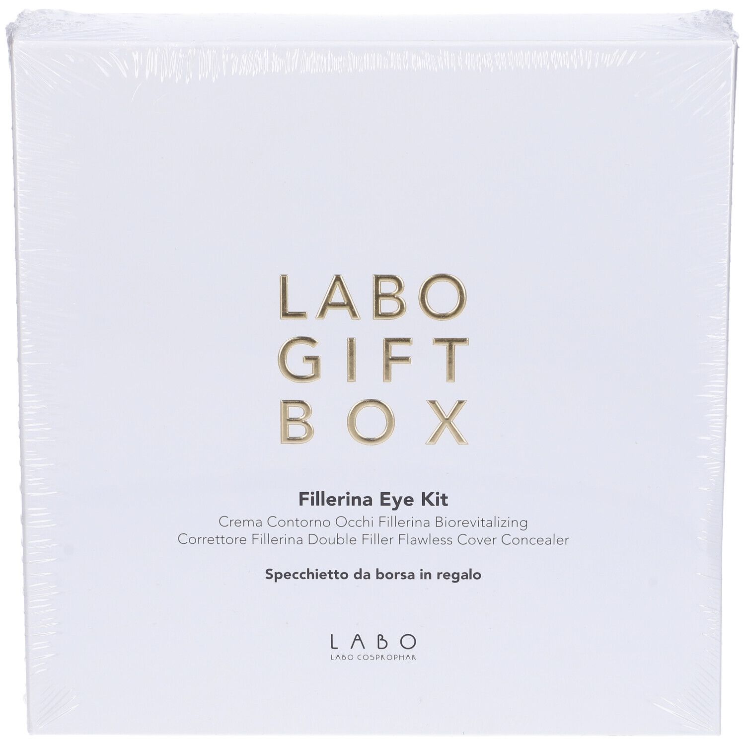 Scatola bianca con scritta "LABO GIFT BOX". Contiene "Fillerina Eye Kit" e "Specchietto da borsa in regalo".