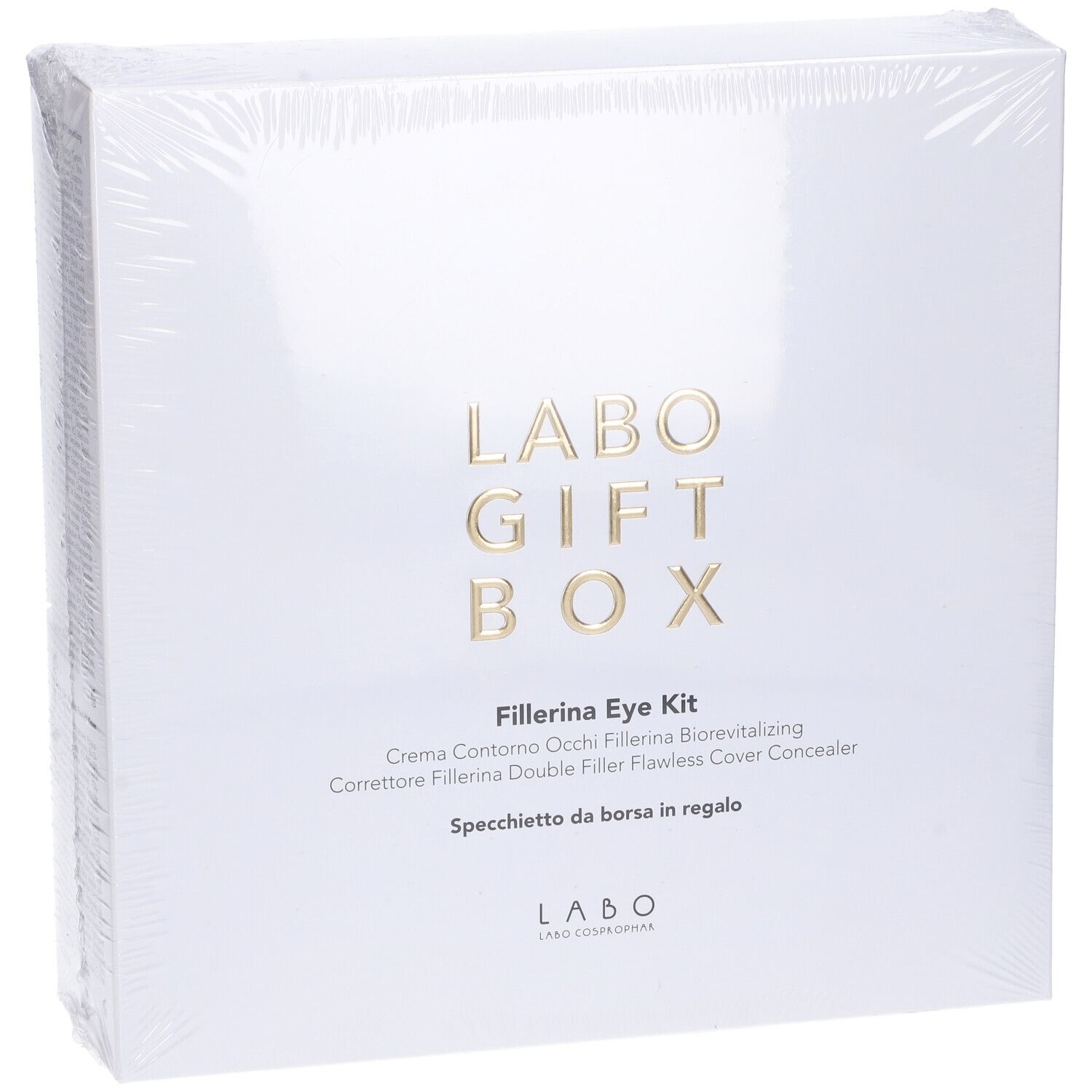 Scatola bianca con scritta "LABO GIFT BOX". Contiene "Fillerina Eye Kit" e "Specchietto da borsa in regalo".