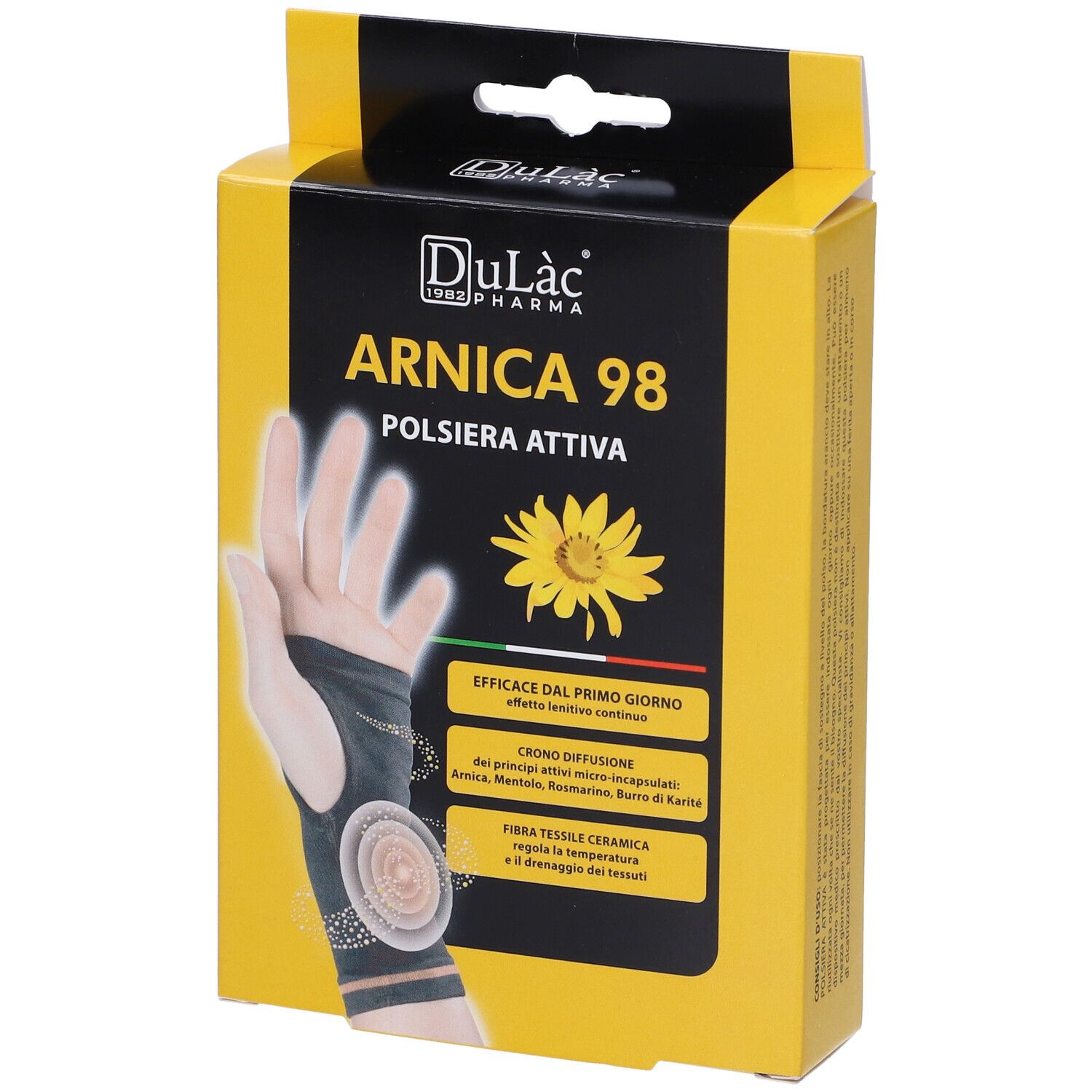 Scatola gialla Dulàc Arnica 98 Polsiera Attiva. Tutore per polso sull'imballaggio. Testo: Arnica 98, Polsiera Attiva.