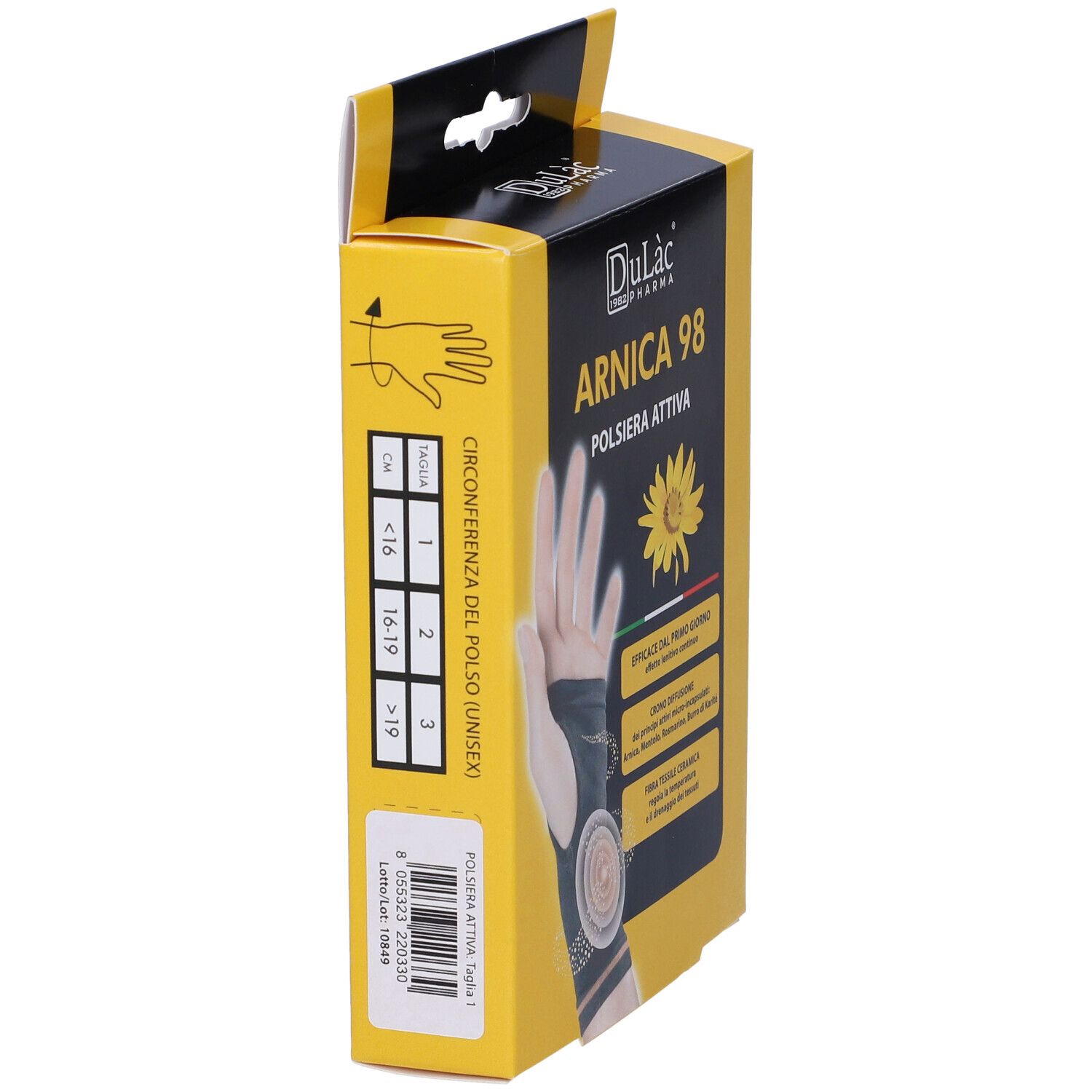 Scatola gialla Dulàc Arnica 98 Polsiera Attiva. Informazioni sulle taglie sul lato. Testo: Arnica 98, Polsiera Attiva.