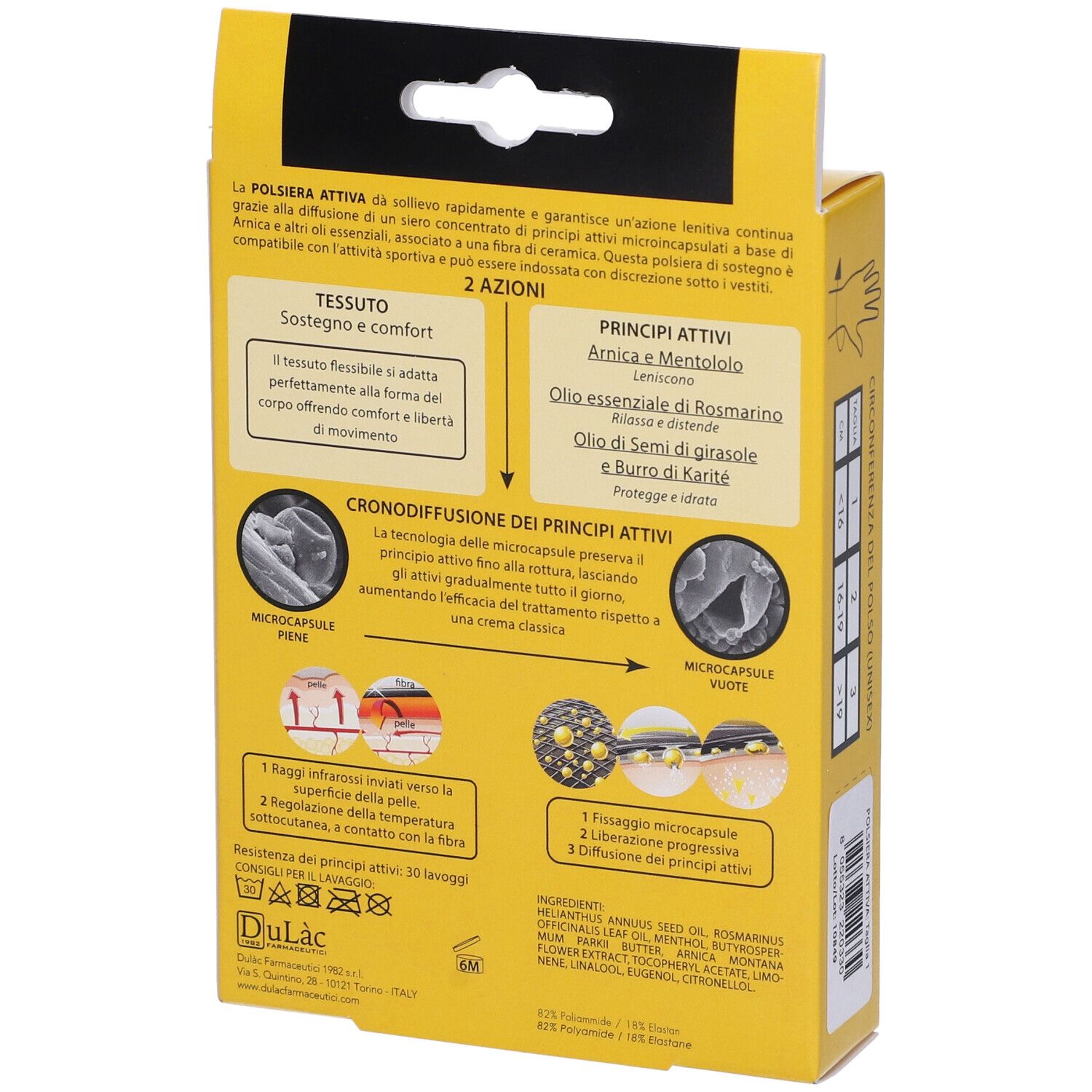 Retro della scatola gialla Dulàc Arnica 98 Polsiera Attiva. Testo sugli ingredienti e l'azione. Testo: Arnica 98.