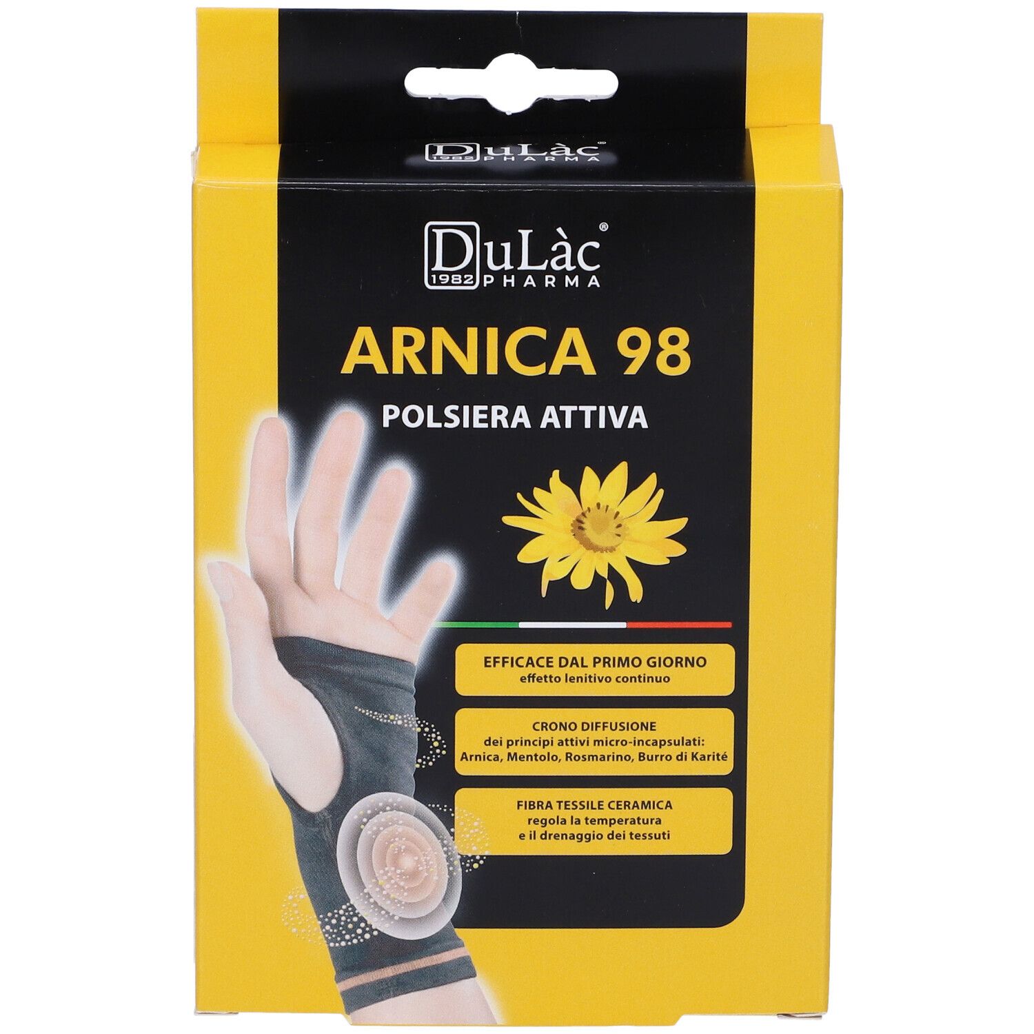 Scatola gialla Dulàc Arnica 98 Polsiera Attiva. Tutore per polso sull'imballaggio. Testo: Arnica 98, Polsiera Attiva.