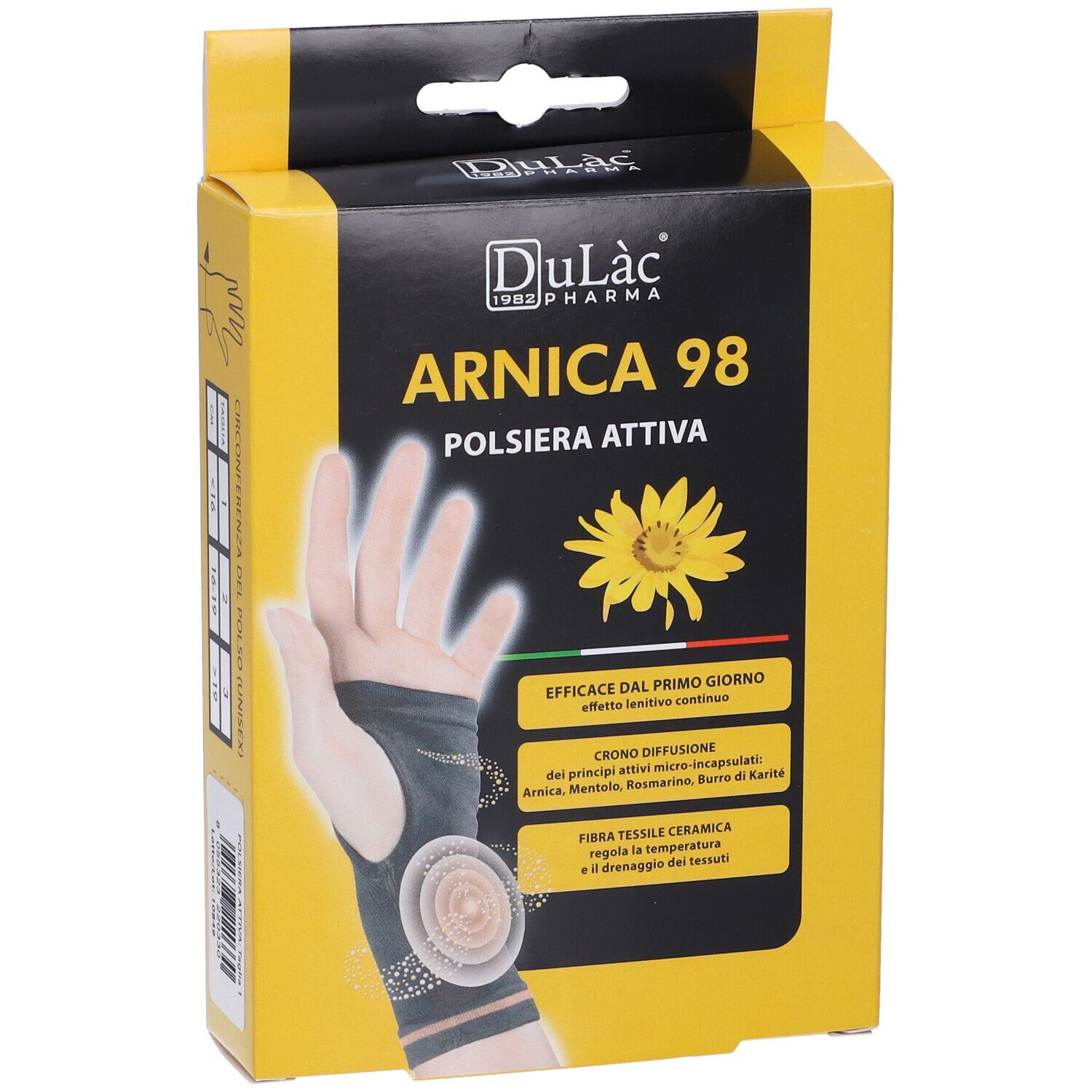Scatola gialla Dulàc Arnica 98 Polsiera Attiva. Tutore per polso sull'imballaggio. Testo: Arnica 98, Polsiera Attiva.