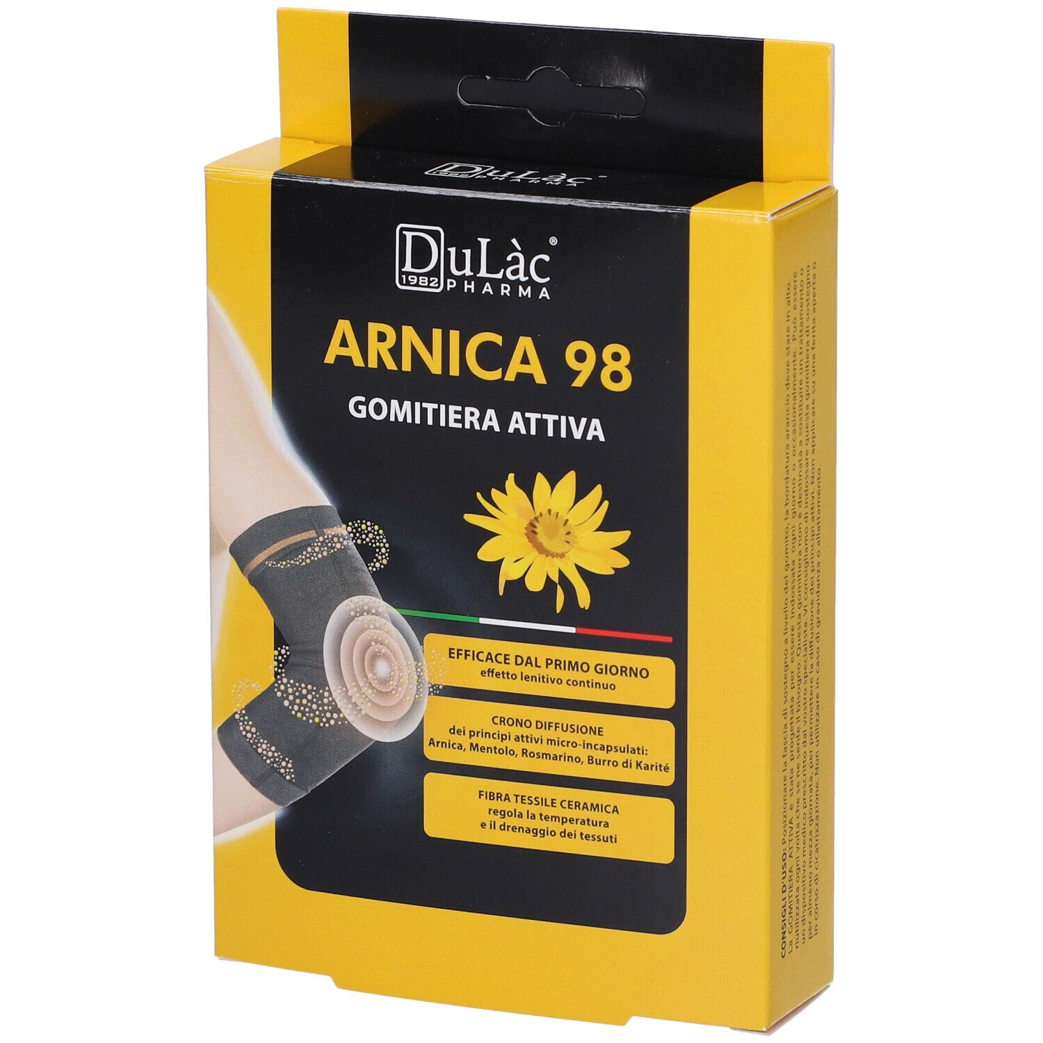Confezione gialla Dulàc Arnica 98 Gomitiera Attiva. Nome del prodotto, girasole e immagine del tutore sul fronte.