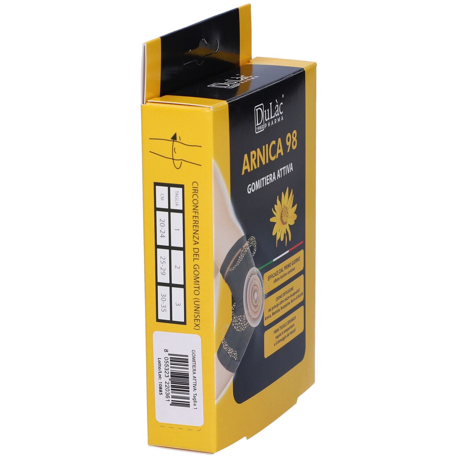 Confezione gialla Dulàc Arnica 98 Gomitiera Attiva. Vista laterale con misure e nome del prodotto.