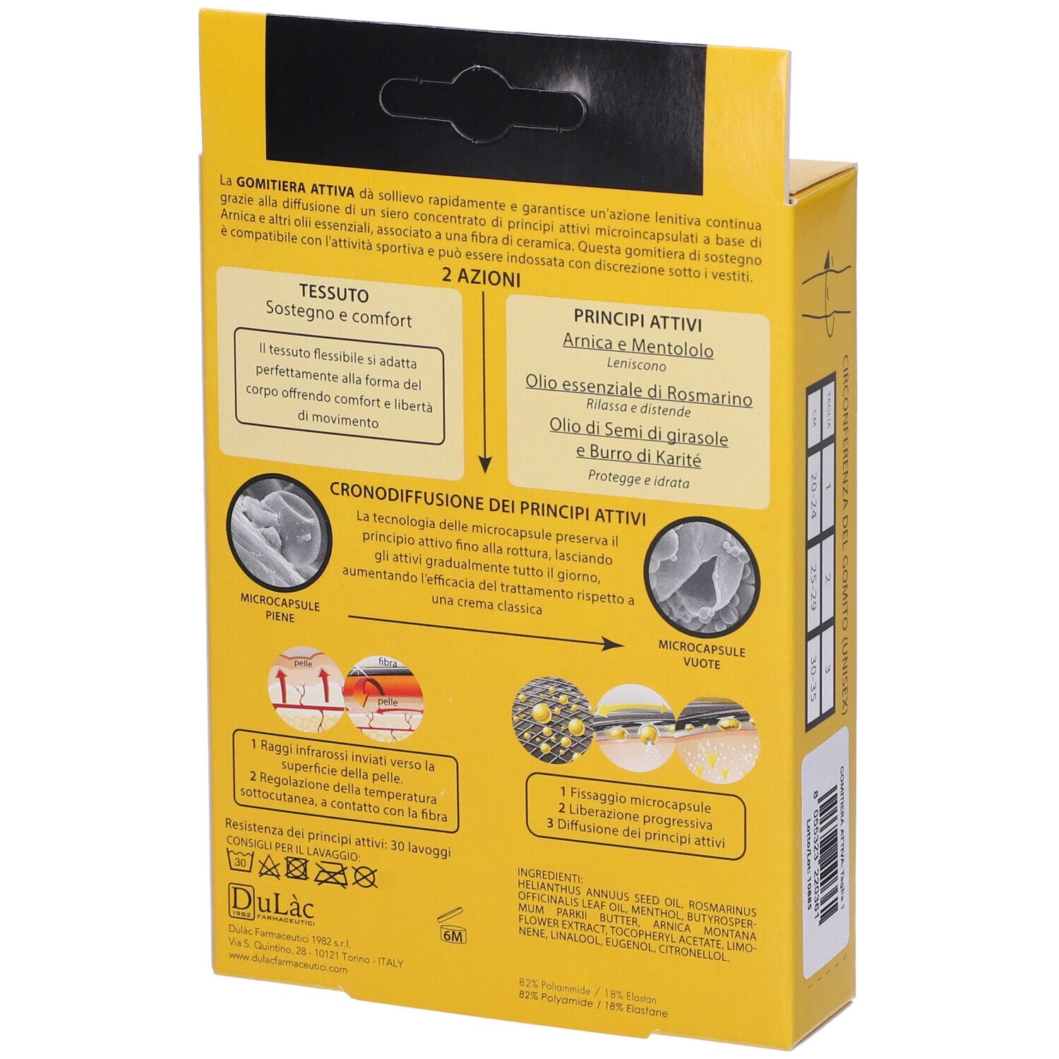 Retro della confezione gialla Dulàc Arnica 98 Gomitiera Attiva. Testo su ingredienti e utilizzo.