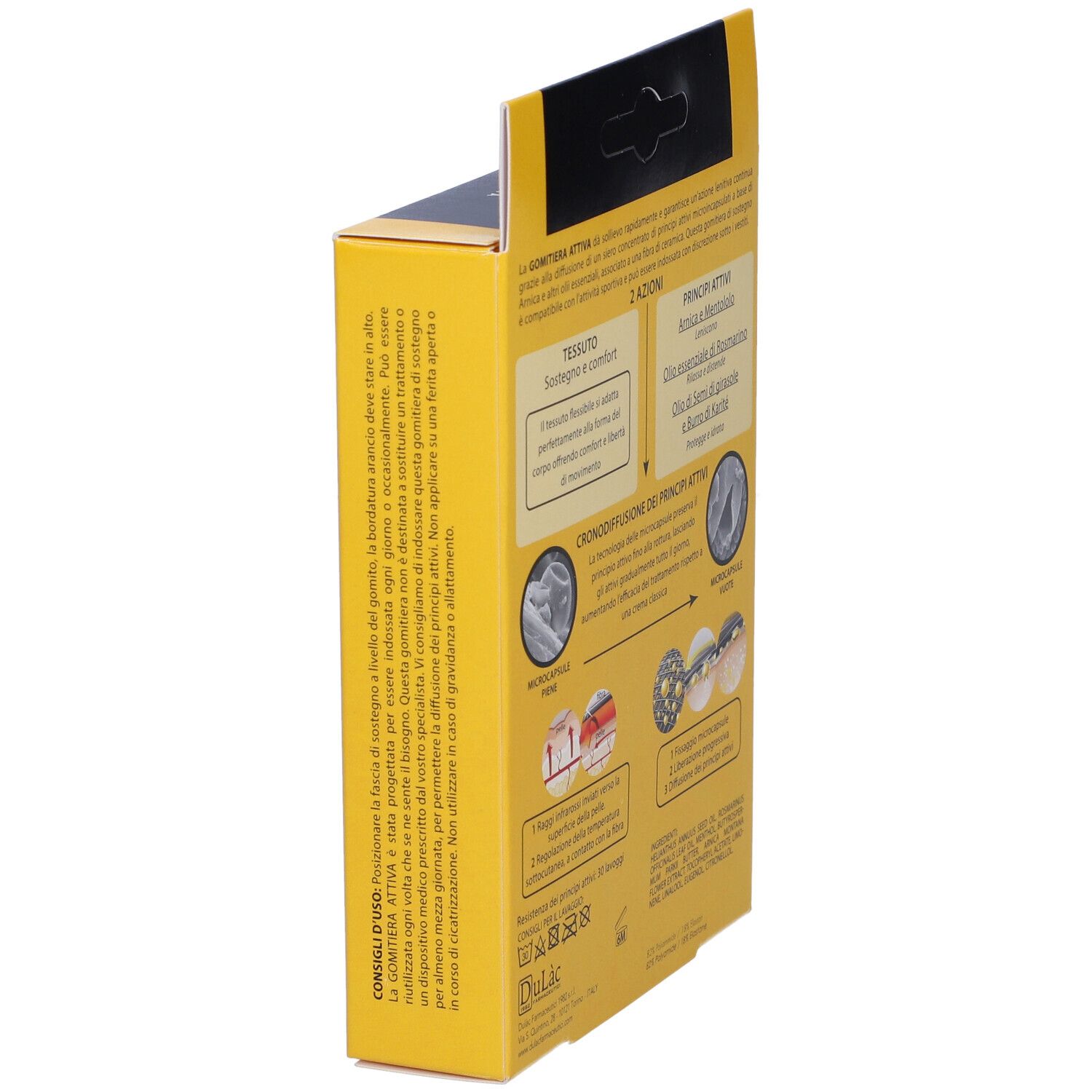 Vista laterale della confezione gialla Dulàc Arnica 98 Gomitiera Attiva. Testo sull'utilizzo.