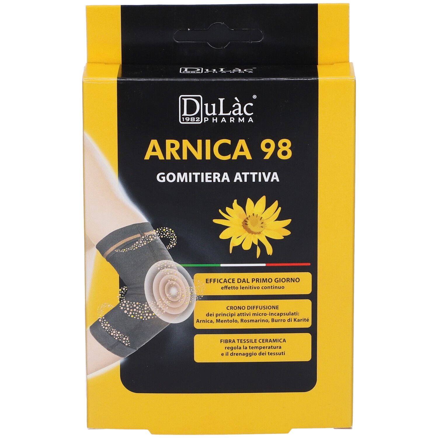 Confezione gialla Dulàc Arnica 98 Gomitiera Attiva. Nome, girasole e immagine del tutore.