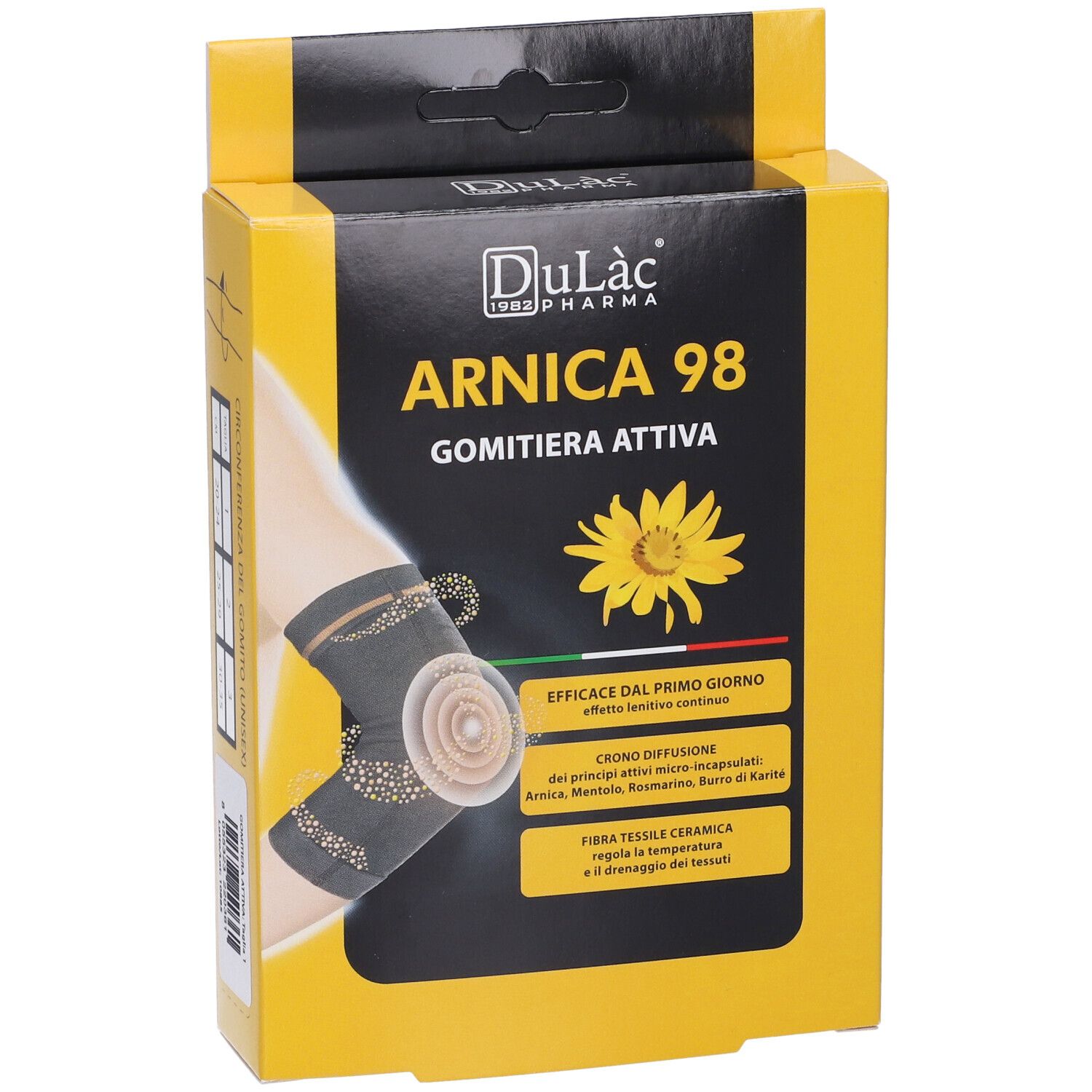 Confezione gialla Dulàc Arnica 98 Gomitiera Attiva. Nome, girasole e immagine del tutore.