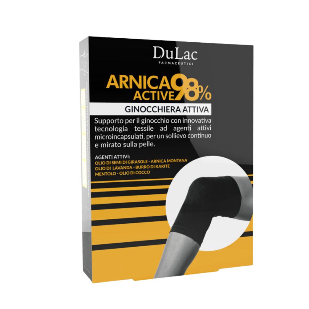 Confezione di Dulac Arnica Active 98% Ginocchiera Attiva. Ginocchiera nera raffigurata.