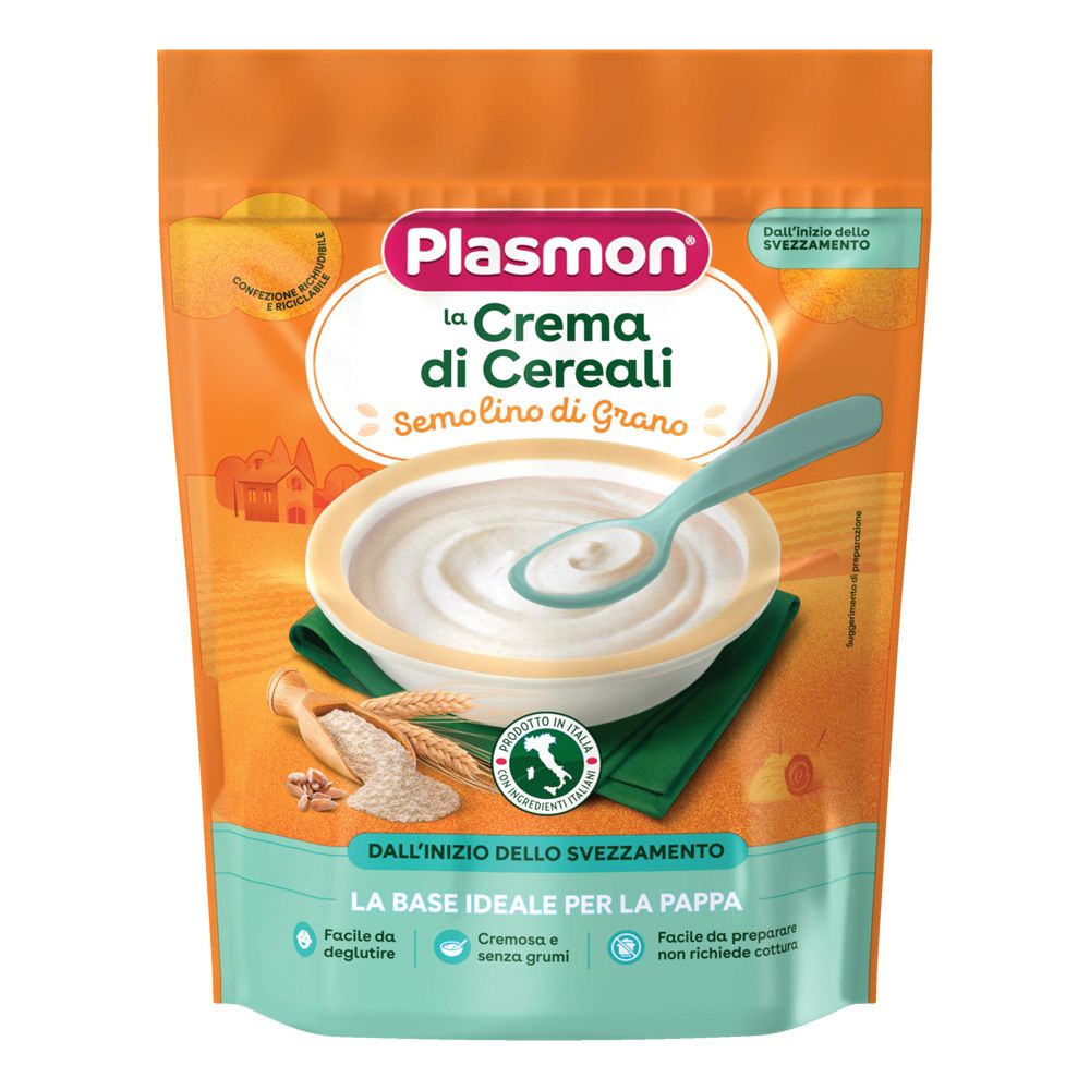 Plasmon La Crema di Cereali Semolino di Grano in confezione arancione con ciotola e cucchiaio.