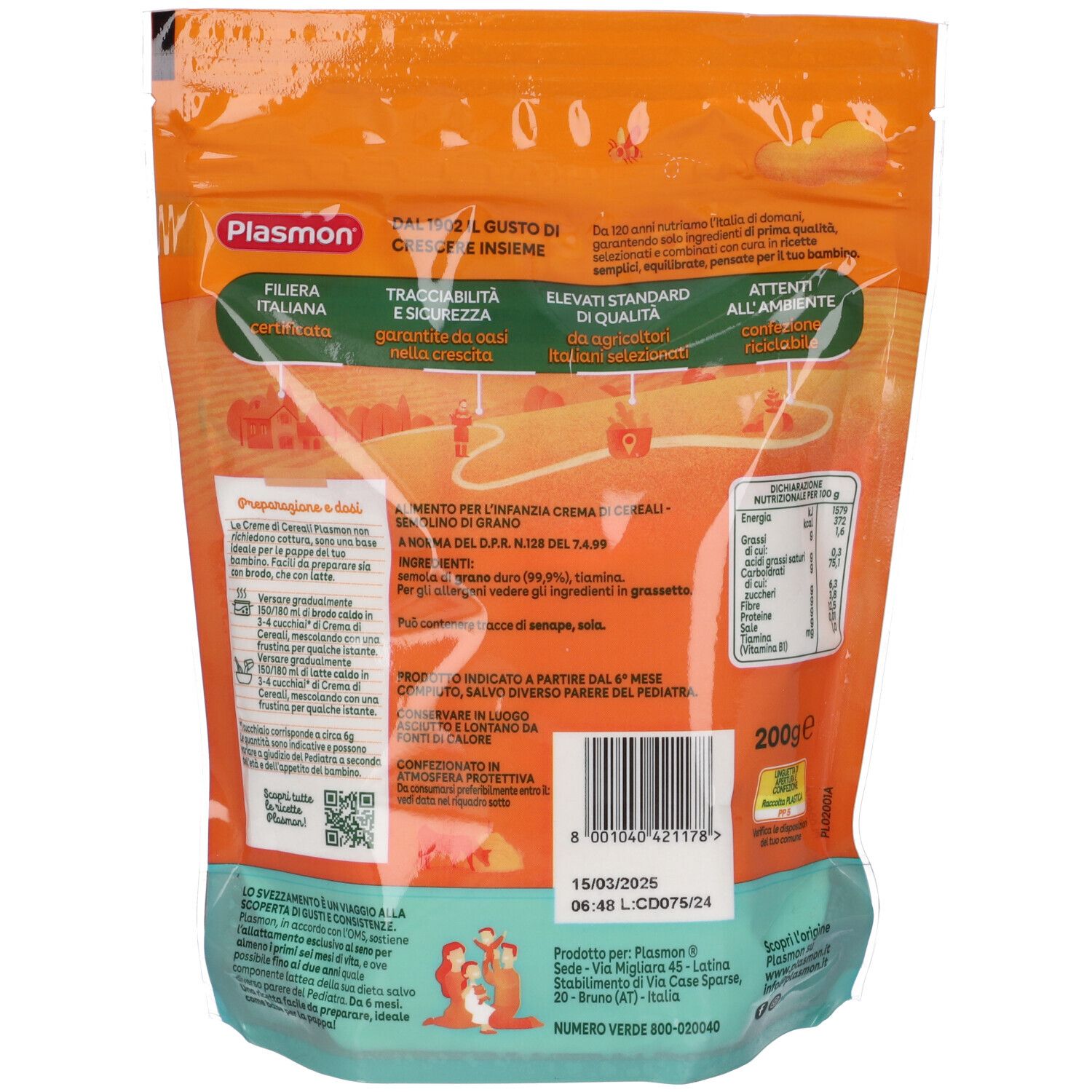 Sacchetto Plasmon per alimenti per l'infanzia, 200g, con informazioni nutrizionali e testo in italiano.