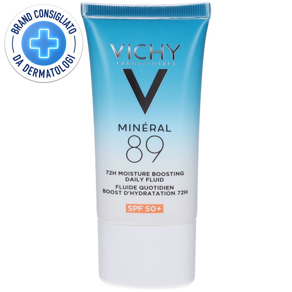 Tubo blu e bianco con stampa del prodotto. Vichy, Mineral 89, booster idratazione 72H. SPF 50+. Logo: Brand Consigliato da Dermatologi.