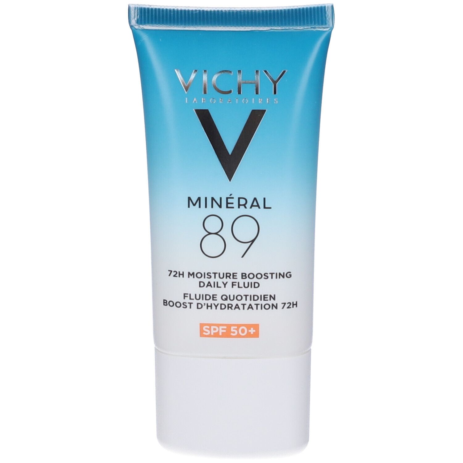 Tubo blu e bianco con stampa del prodotto. Vichy, Mineral 89, booster idratazione 72H. SPF 50+.