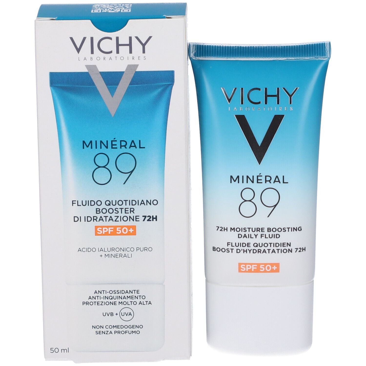 Confezione del prodotto con tubo. Vichy, Mineral 89, Fluido Quotidiano Booster di Idratazione 72H. SPF 50+. 50 ml.