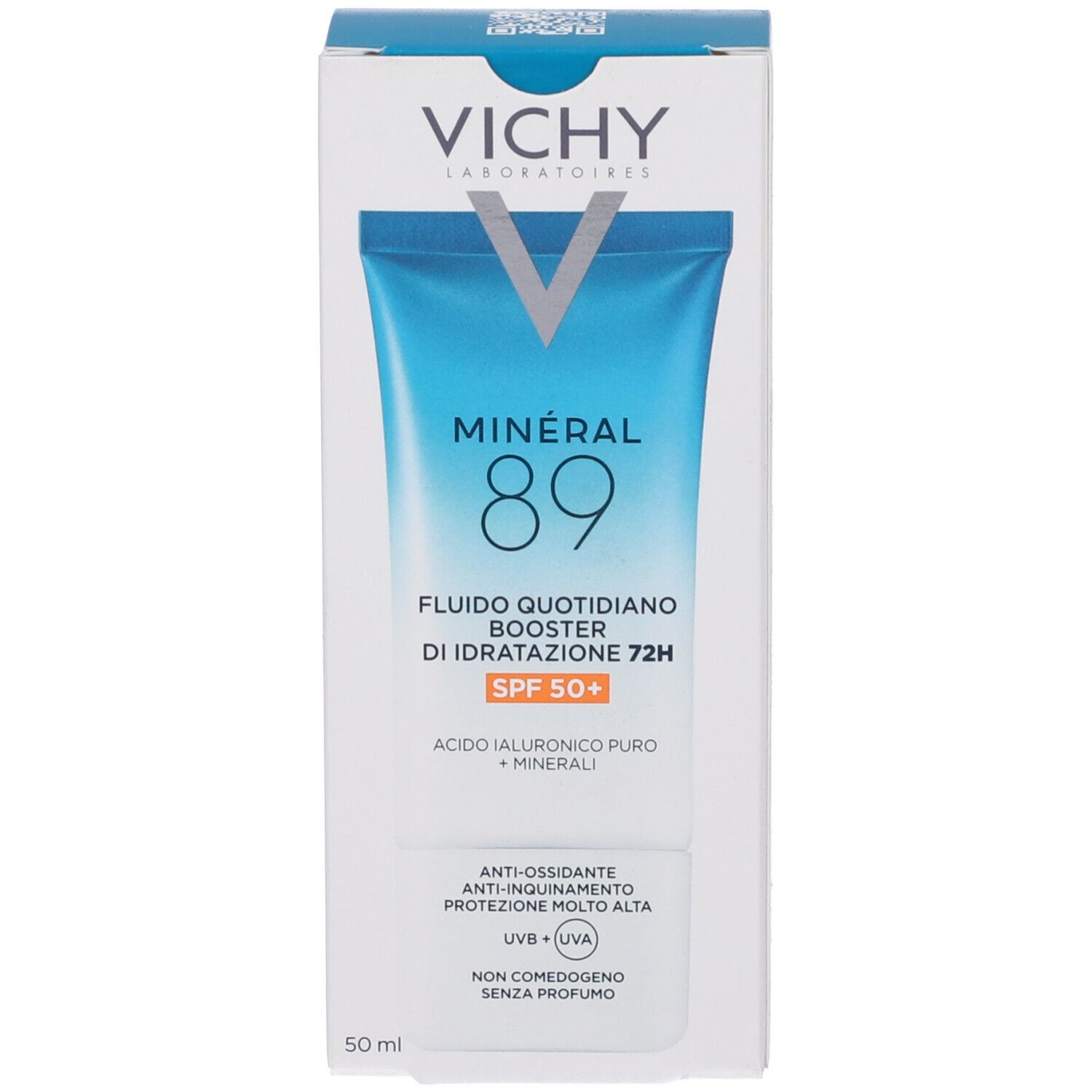 Confezione del prodotto. Vichy, Mineral 89, Fluido Quotidiano Booster di Idratazione 72H. SPF 50+. 50 ml.