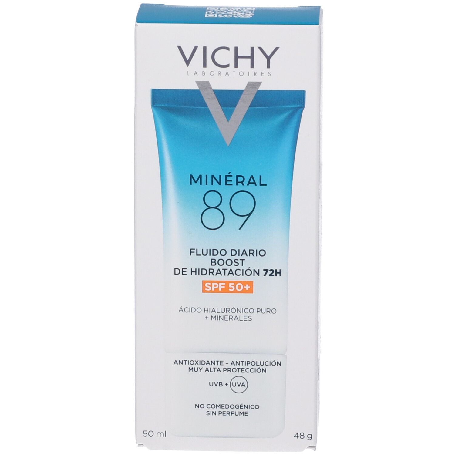 Confezione del prodotto. Vichy, Mineral 89, Fluido Diario Boost de Hidratación 72H. SPF 50+. 50 ml.