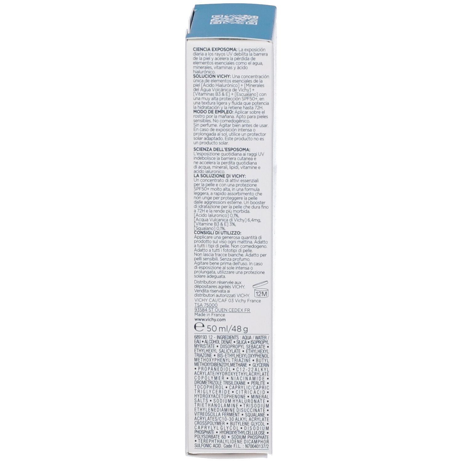 Confezione del prodotto. Testo: Come usare, ingredienti, informazioni produttore. 50 ml/48 g.