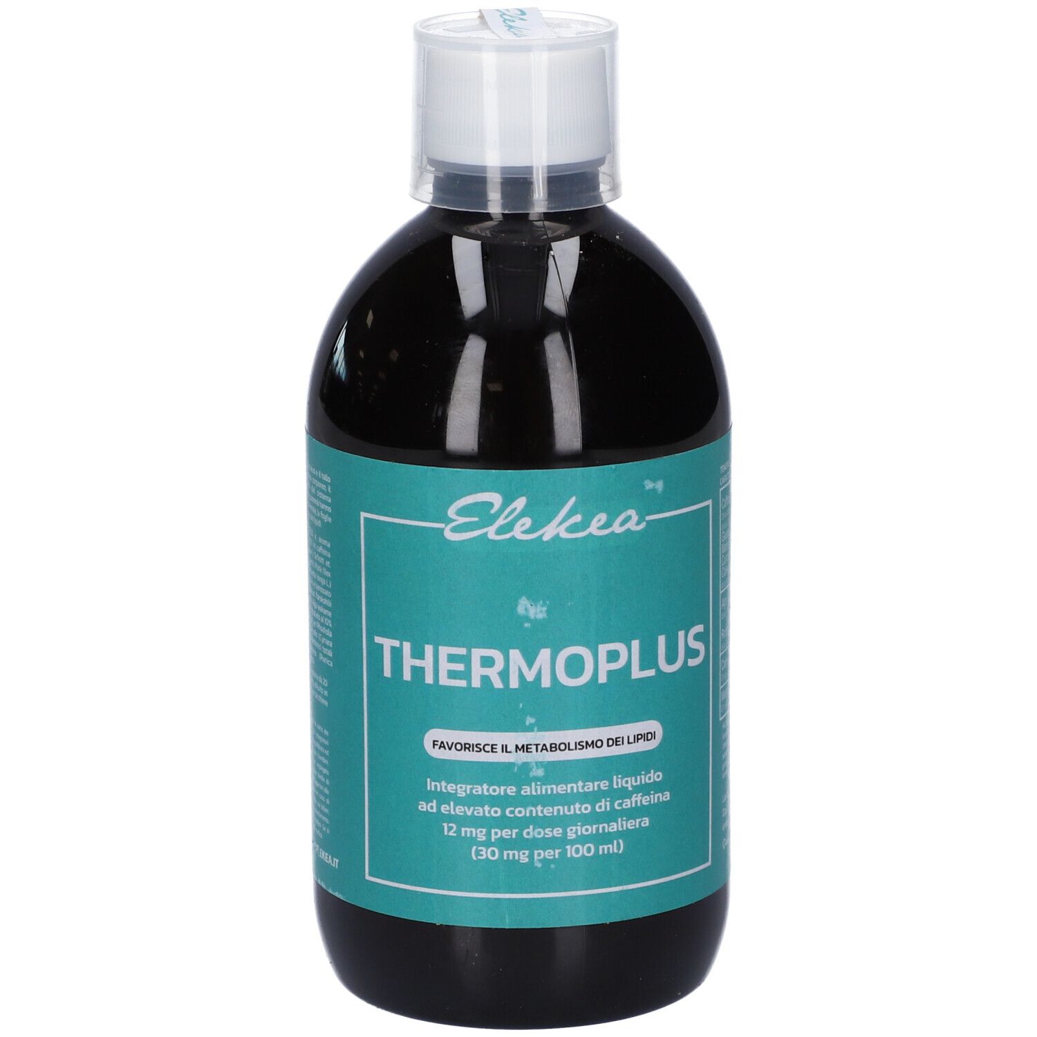 Integratore alimentare liquido in bottiglia. Scritta: Elekea Thermoplus. Contiene caffeina. Bottiglia con tappo bianco.
