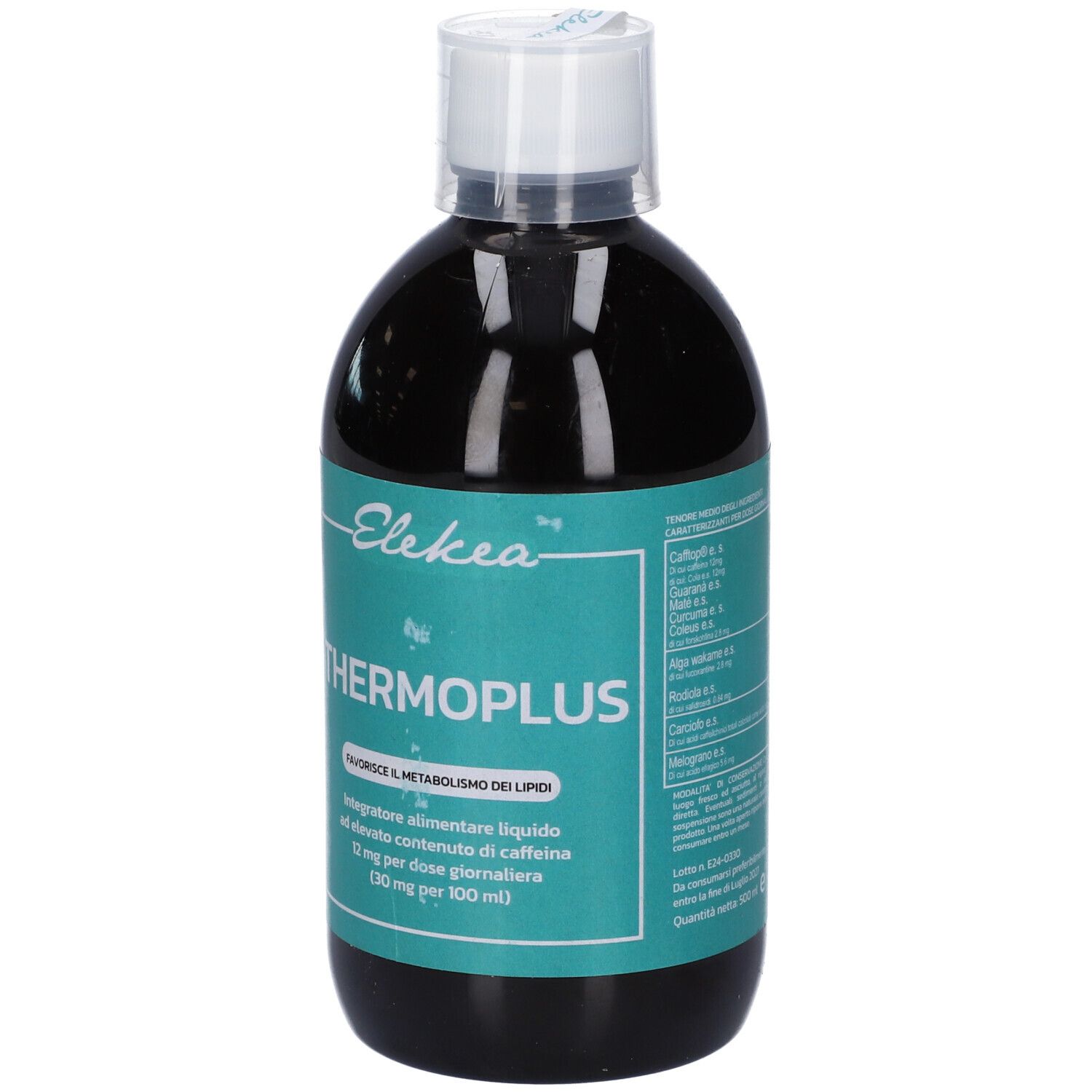 Integratore alimentare liquido in bottiglia. Scritta: Elekea Thermoplus. Contiene caffeina. Bottiglia con tappo bianco.