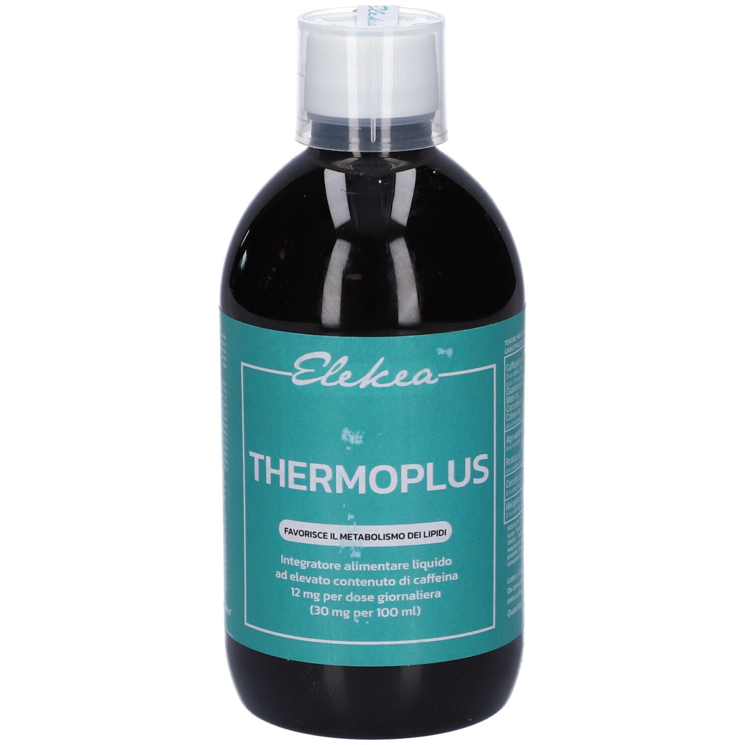 Integratore alimentare liquido in bottiglia. Scritta: Elekea Thermoplus. Contiene caffeina. Bottiglia con tappo bianco.