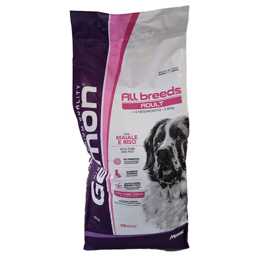 Sacchetto di cibo per cani Gemon. Scritto: All Breeds Adult, con maiale e riso. Immagine di un cane.
