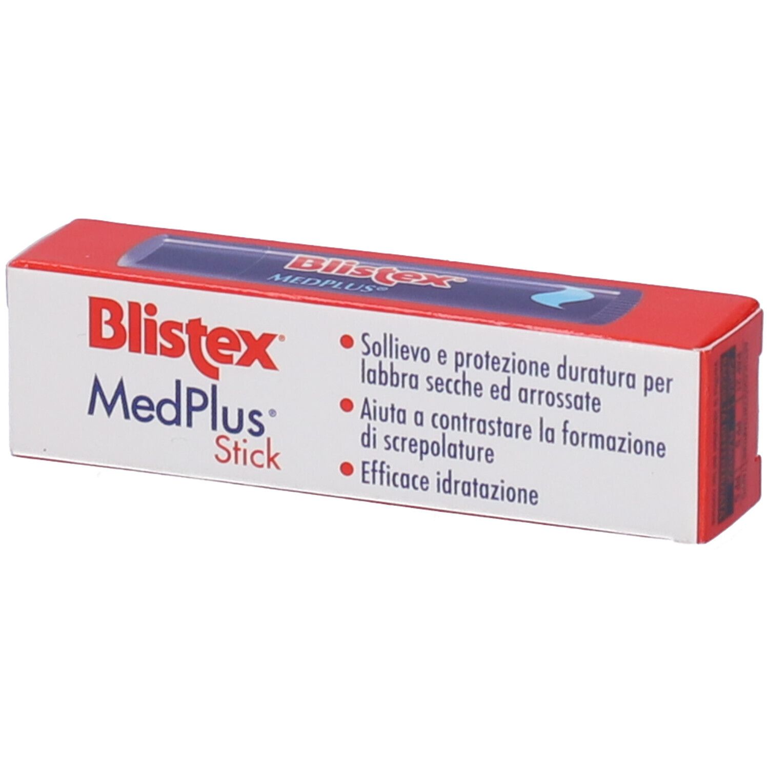 Verpackung von Blistex MedPlus Stick. Weiß-rote Schachtel mit Produktnamen und Text in italienischer Sprache.