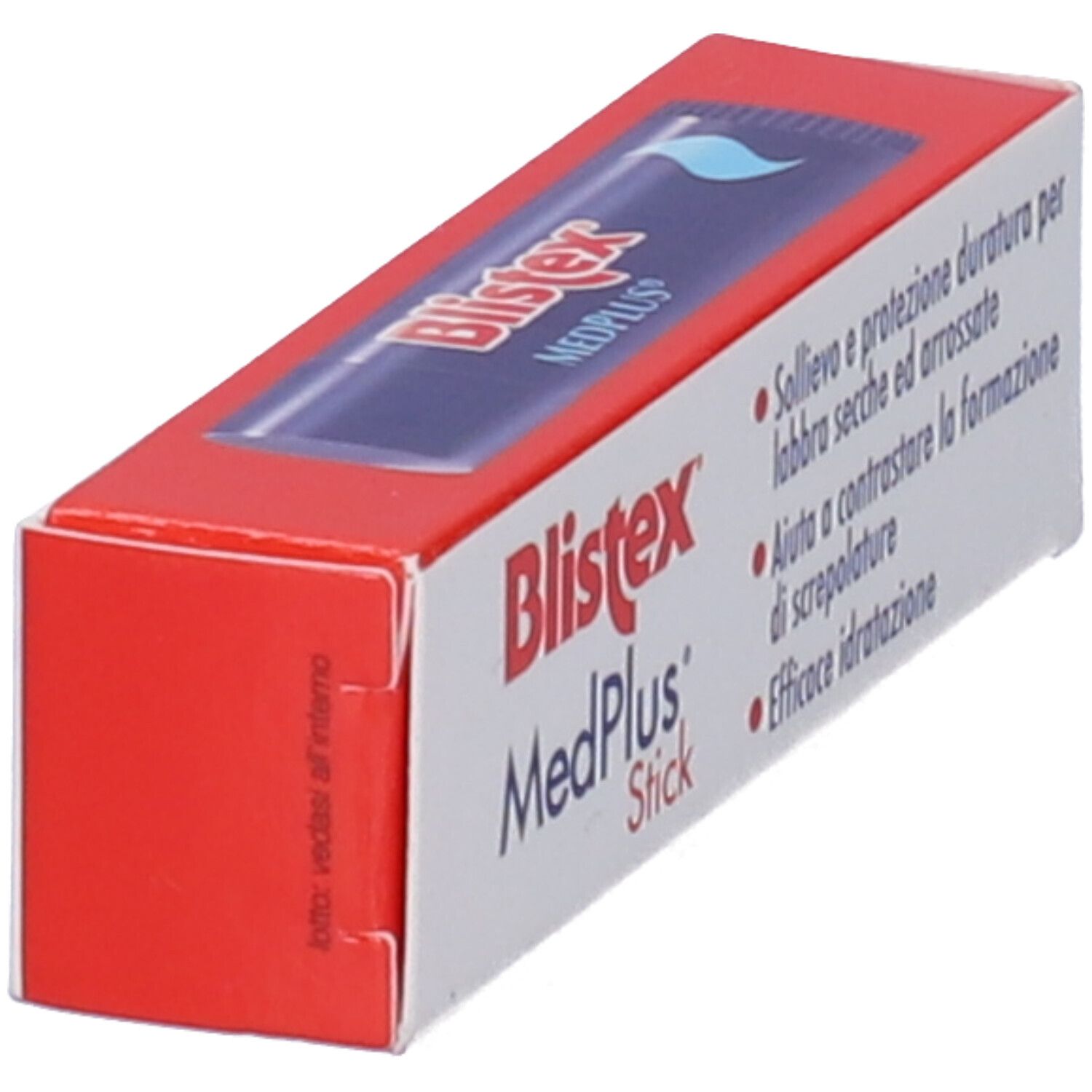 Schrägansicht der Blistex MedPlus Stick Verpackung. Rote und weiße Schachtel mit Produktnamen und Text.