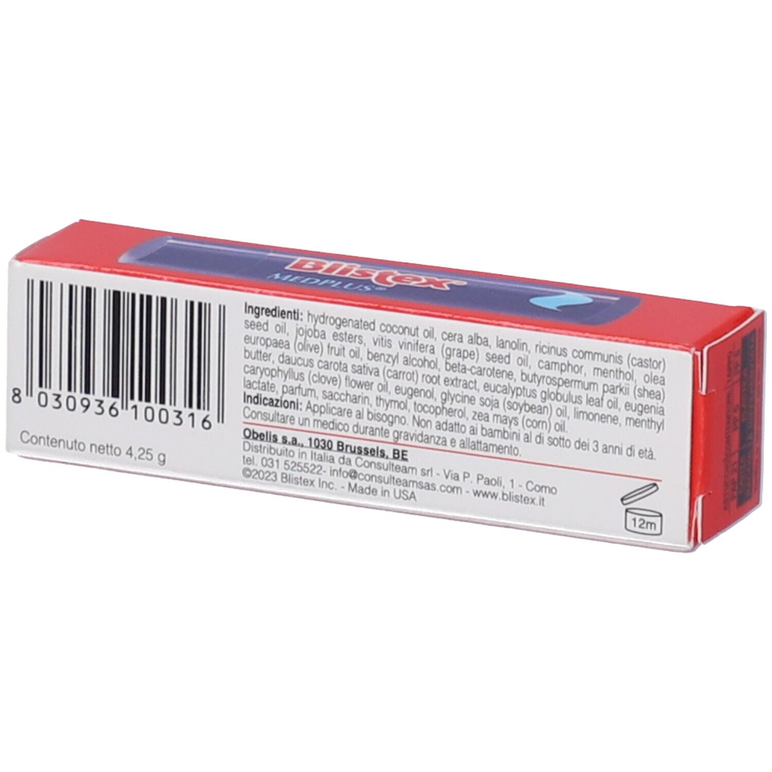Rückseite der Blistex MedPlus Stick Verpackung. Enthält Inhaltsstoffe, Barcode und Text in italienischer Sprache.