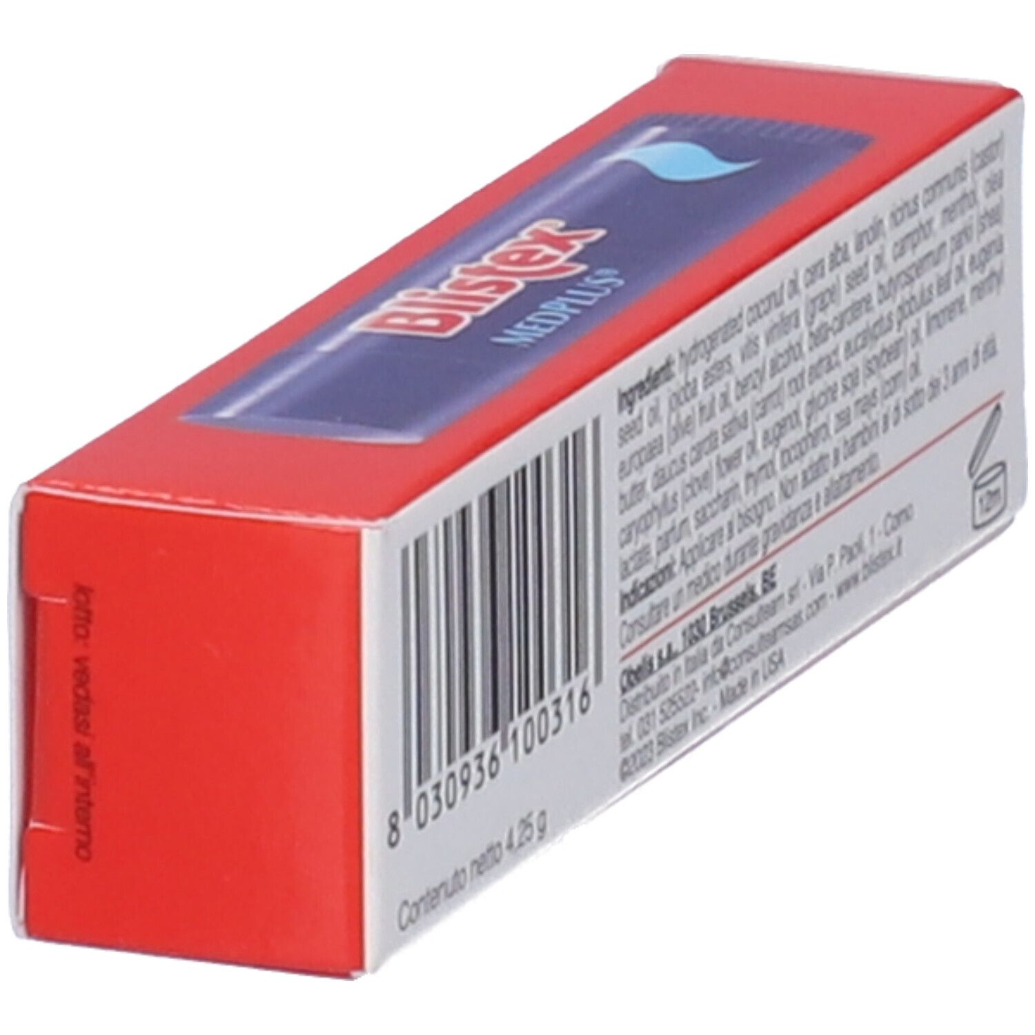 Schrägansicht der Rückseite der Blistex MedPlus Stick Verpackung. Enthält Inhaltsstoffe, Barcode und Text.
