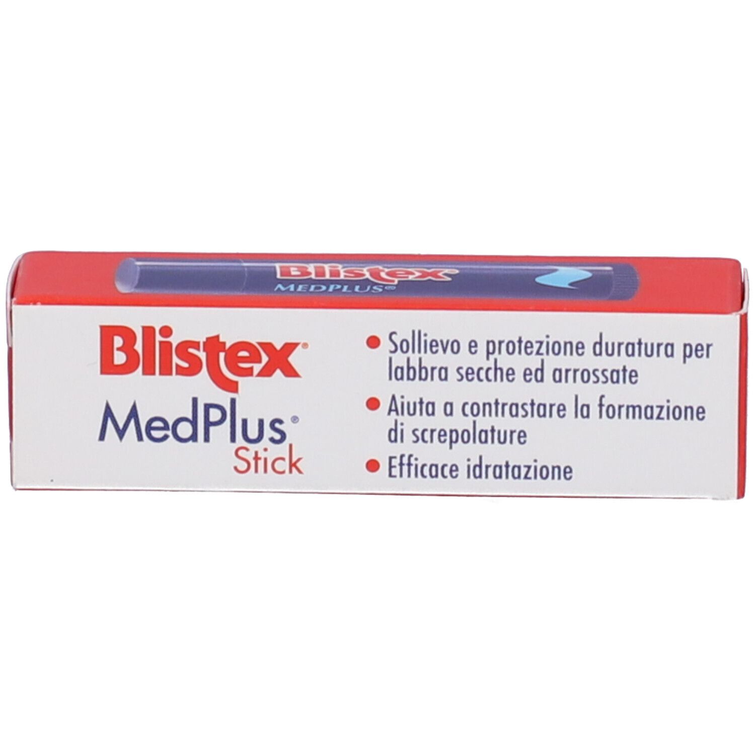 Vorderseite der Blistex MedPlus Stick Verpackung. Weiß-rote Schachtel mit Produktnamen und Text in italienischer Sprache.