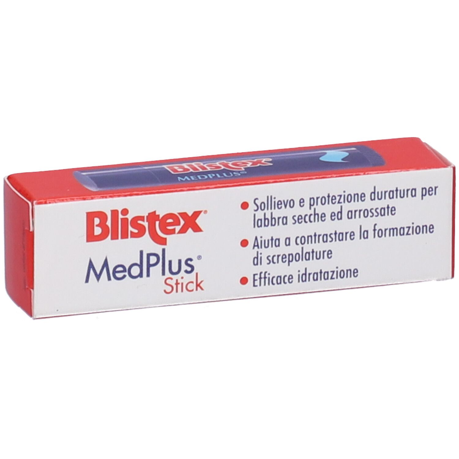 Blistex MedPlus Stick Verpackung. Weiß-rote Schachtel mit Produktnamen und Text in italienischer Sprache.