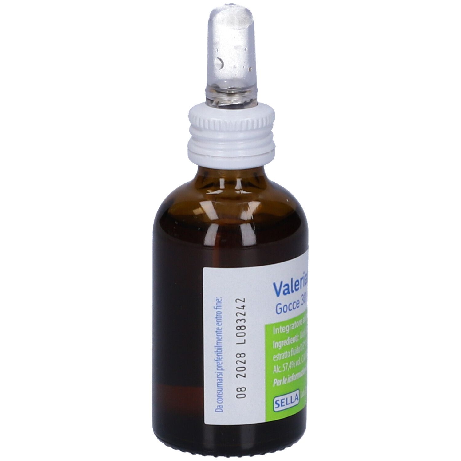 Braunglasflasche mit weißem Verschluss und Tropfer. Etikett mit Produktnamen und Inhaltsstoffen. Sella-Logo.