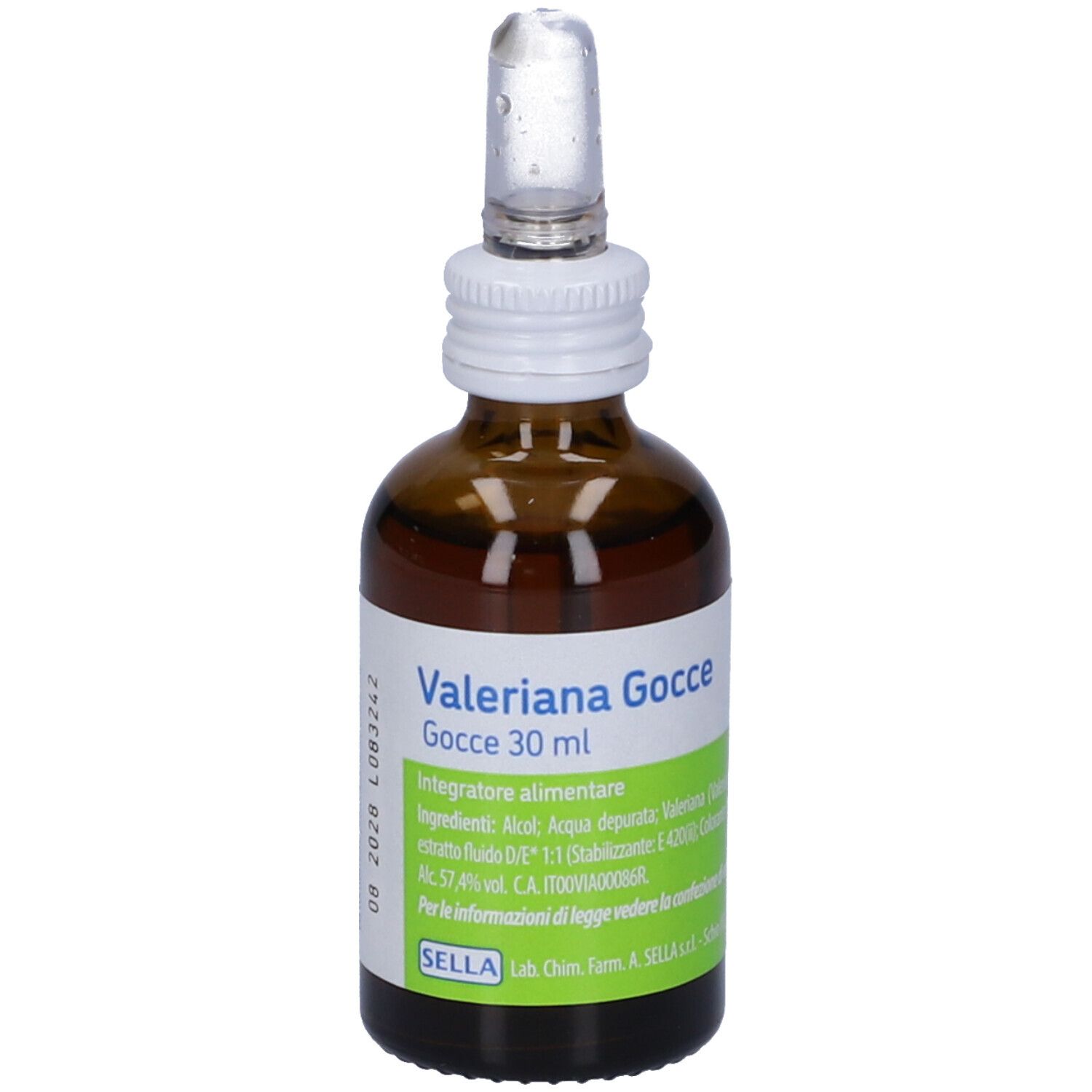 Braunglasflasche mit weißem Verschluss und Tropfer. Etikett mit Produktnamen und Inhaltsstoffen. Sella-Logo.