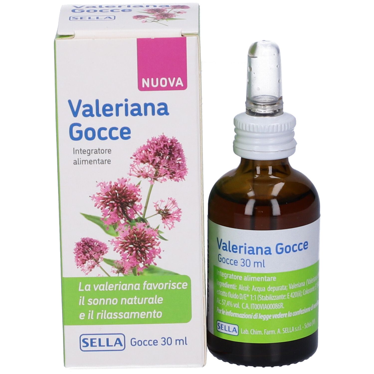 Braunglasflasche mit weißem Verschluss und Tropfer, neben einer Produktverpackung. Verpackung mit Produktnamen und floralem Design.