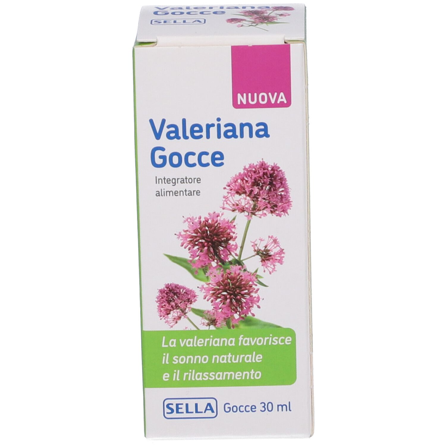 Produktverpackung mit Produktnamen und floralem Design. Text: 'La valeriana favorisce il sonno naturale e il rilassamento'.