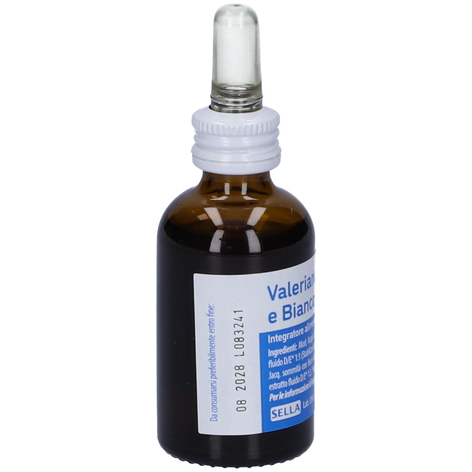 Braune Glasflasche mit Tropfer. Beschriftung: Valeriana e Biancospino. Etikett mit Verfallsdatum. Weiße und blaue Etiketten.