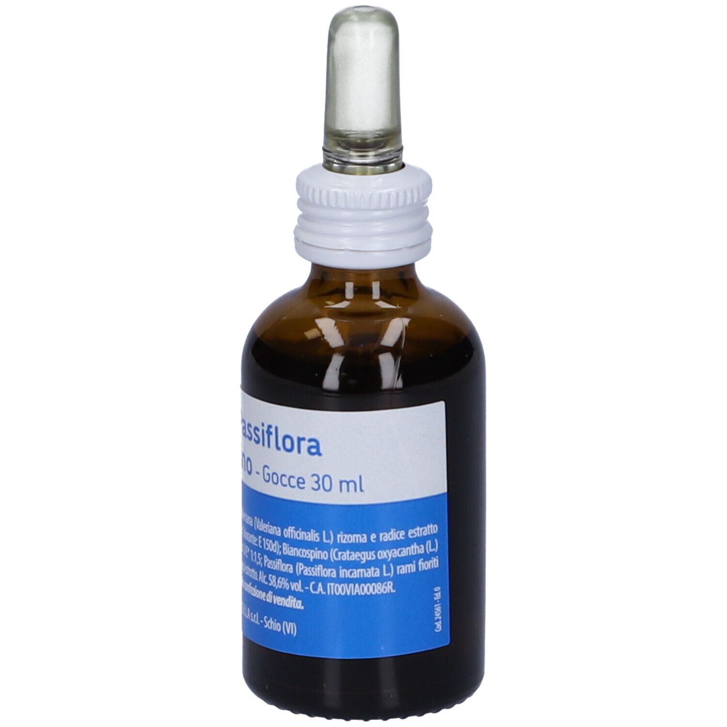 Braune Glasflasche mit Tropfer. Beschriftung: Valeriana, Passiflora - Gocce 30 ml. Weiße und blaue Etiketten.